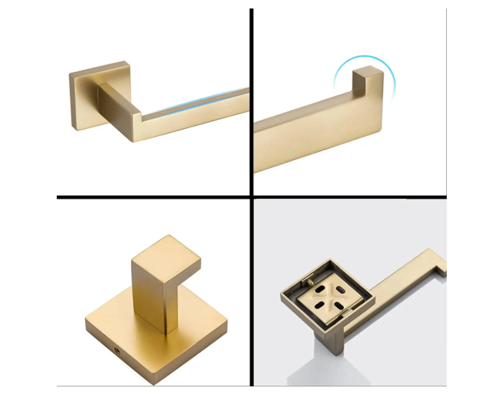 Square 4-Piece Stainless Steel Brushed Gold Bathroom Hardware Set - Towel Bar, Towel Ring, Toilet Paper Holder, Robe Hook, and Tower Holder - Wall Mounted - Image 7