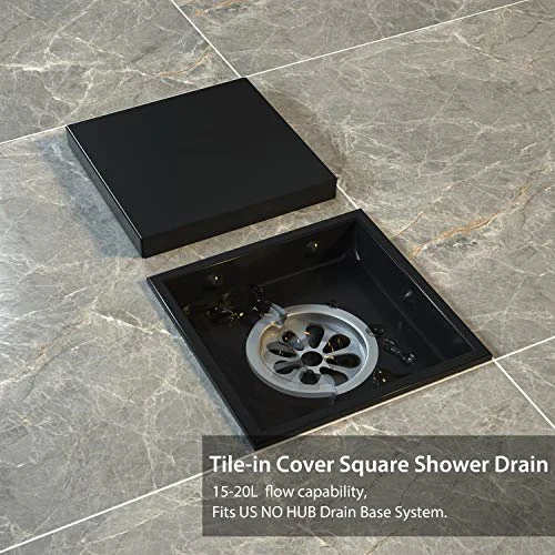 Square Shower Drain 4 Inch, Tile-insert Matte Black Stainless Steel - Image 5