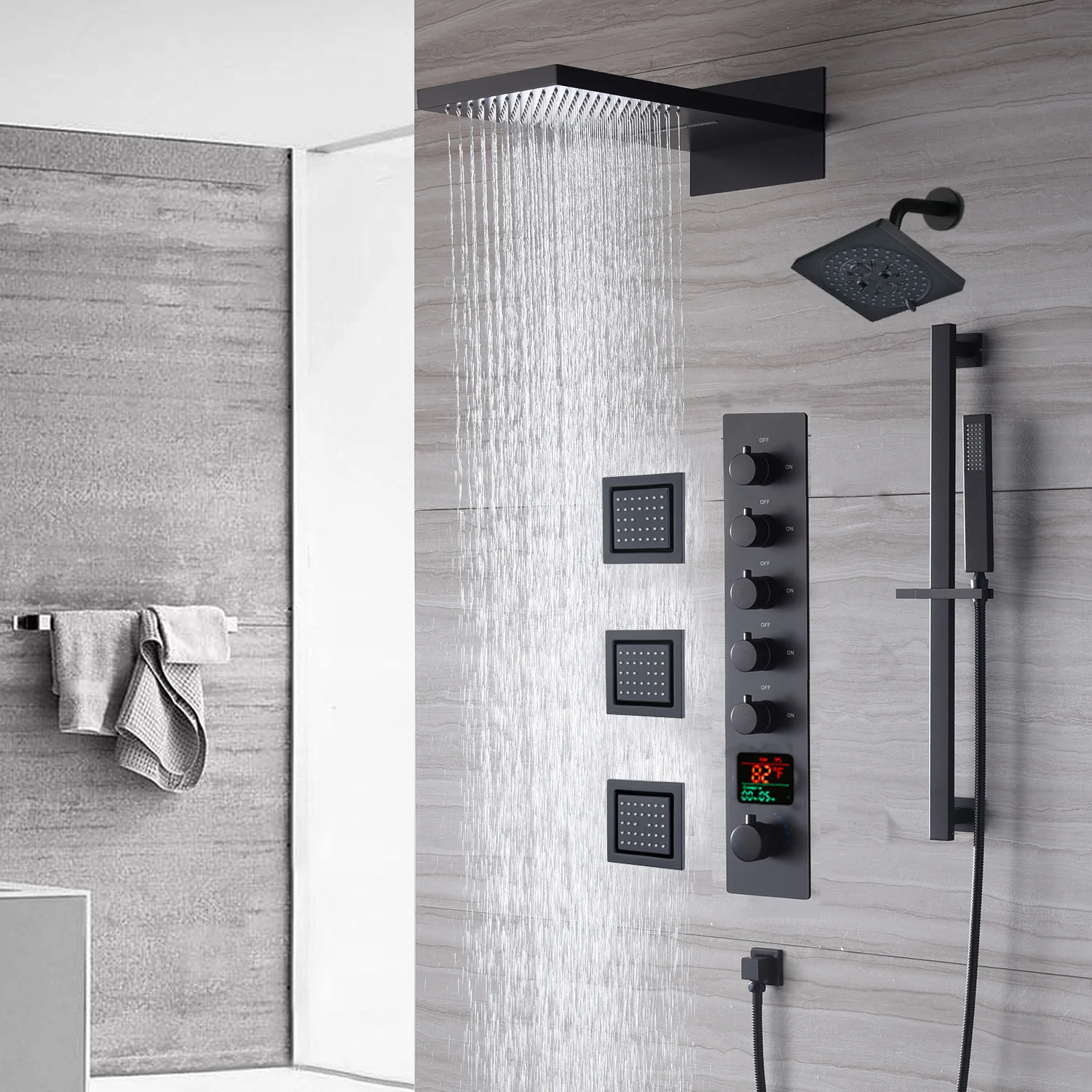 The Exquisite 22'' Matte Black 5-Way Thermostatic Shower Faucet with Waterfall, Rain Massage, Body Jet Spray, regular head and Sliding Bar - Image 2