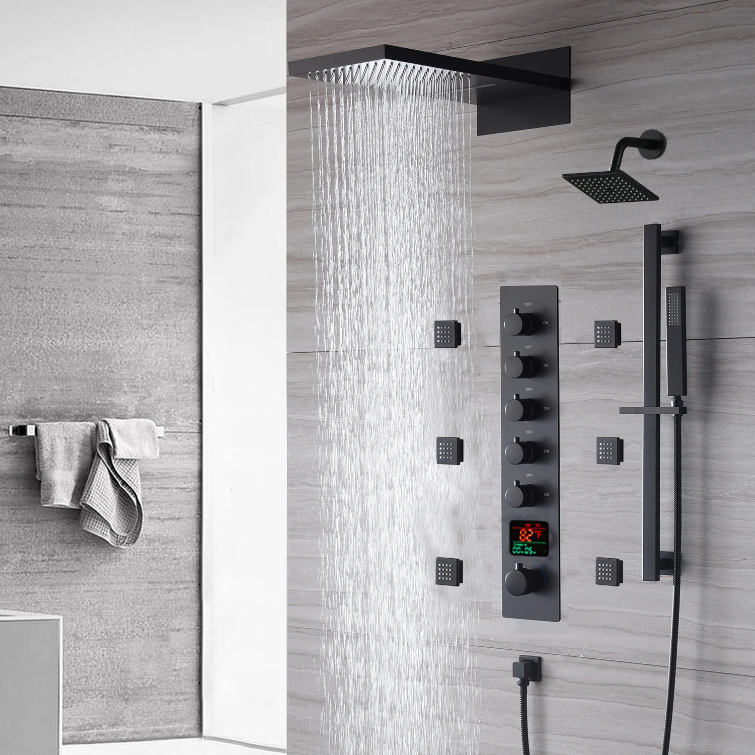 The Exquisite 22'' Matte Black 5-Way Thermostatic Shower Faucet with Waterfall, Rain Massage, Body Jet Spray, regular head and Sliding Bar - Image 3