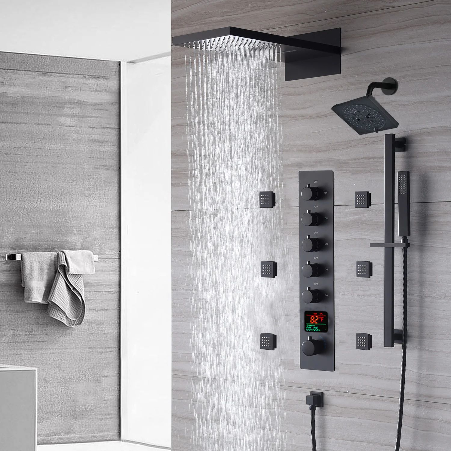 The Exquisite 22'' Matte Black 5-Way Thermostatic Shower Faucet with Waterfall, Rain Massage, Body Jet Spray, regular head and Sliding Bar - Image 4