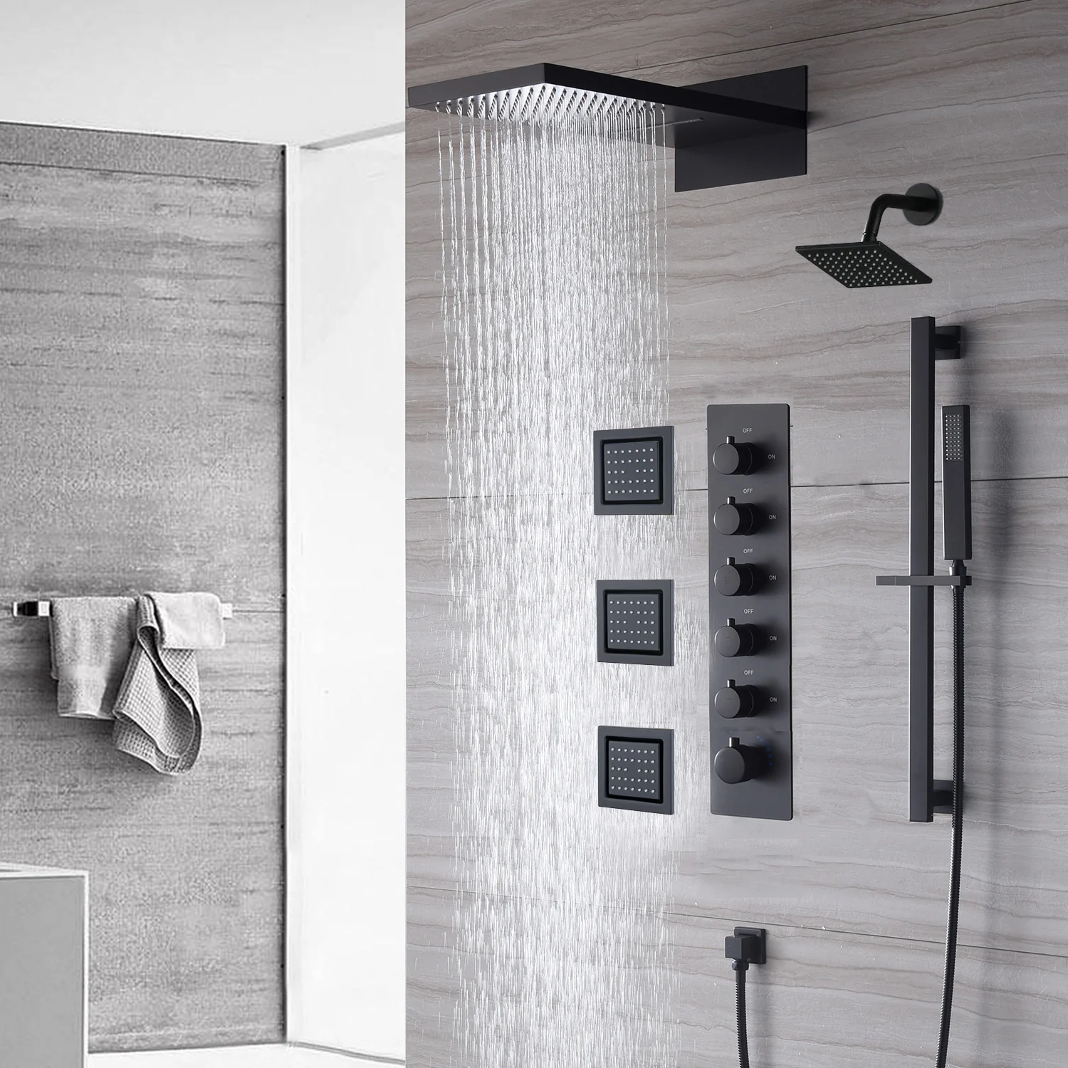 The Exquisite 22'' Matte Black 5-Way Thermostatic Shower Faucet with Waterfall, Rain Massage, Body Jet Spray, regular head and Sliding Bar - Image 5