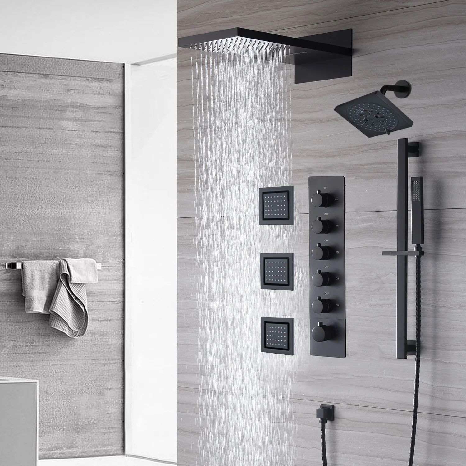 The Exquisite 22'' Matte Black 5-Way Thermostatic Shower Faucet with Waterfall, Rain Massage, Body Jet Spray, regular head and Sliding Bar - Image 6