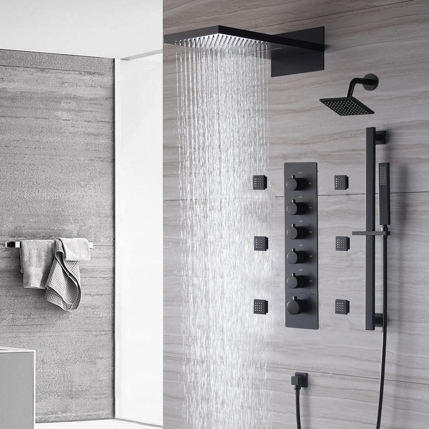 The Exquisite 22'' Matte Black 5-Way Thermostatic Shower Faucet with Waterfall, Rain Massage, Body Jet Spray, regular head and Sliding Bar - Image 7
