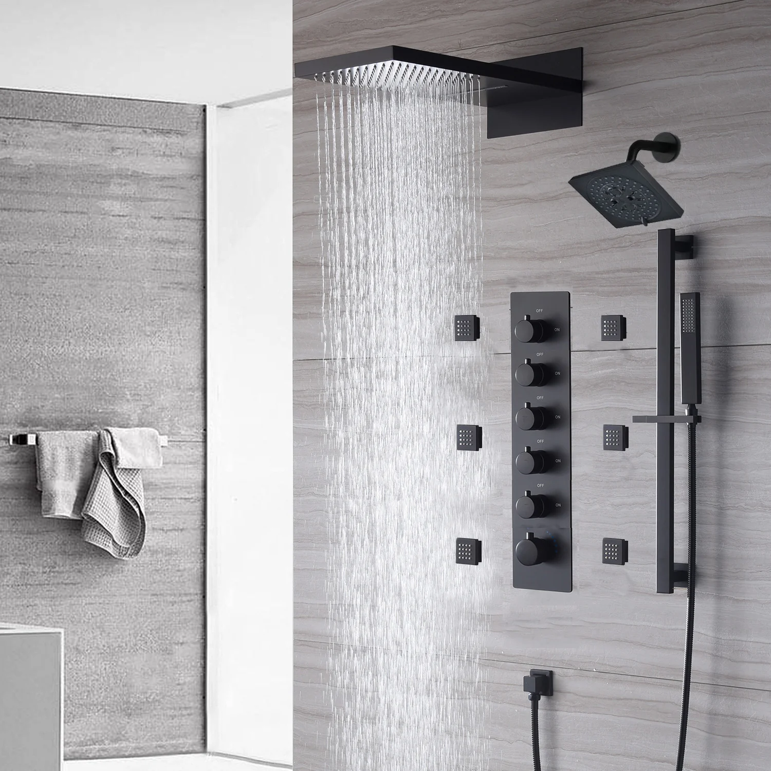 The Exquisite 22'' Matte Black 5-Way Thermostatic Shower Faucet with Waterfall, Rain Massage, Body Jet Spray, regular head and Sliding Bar - Image 8
