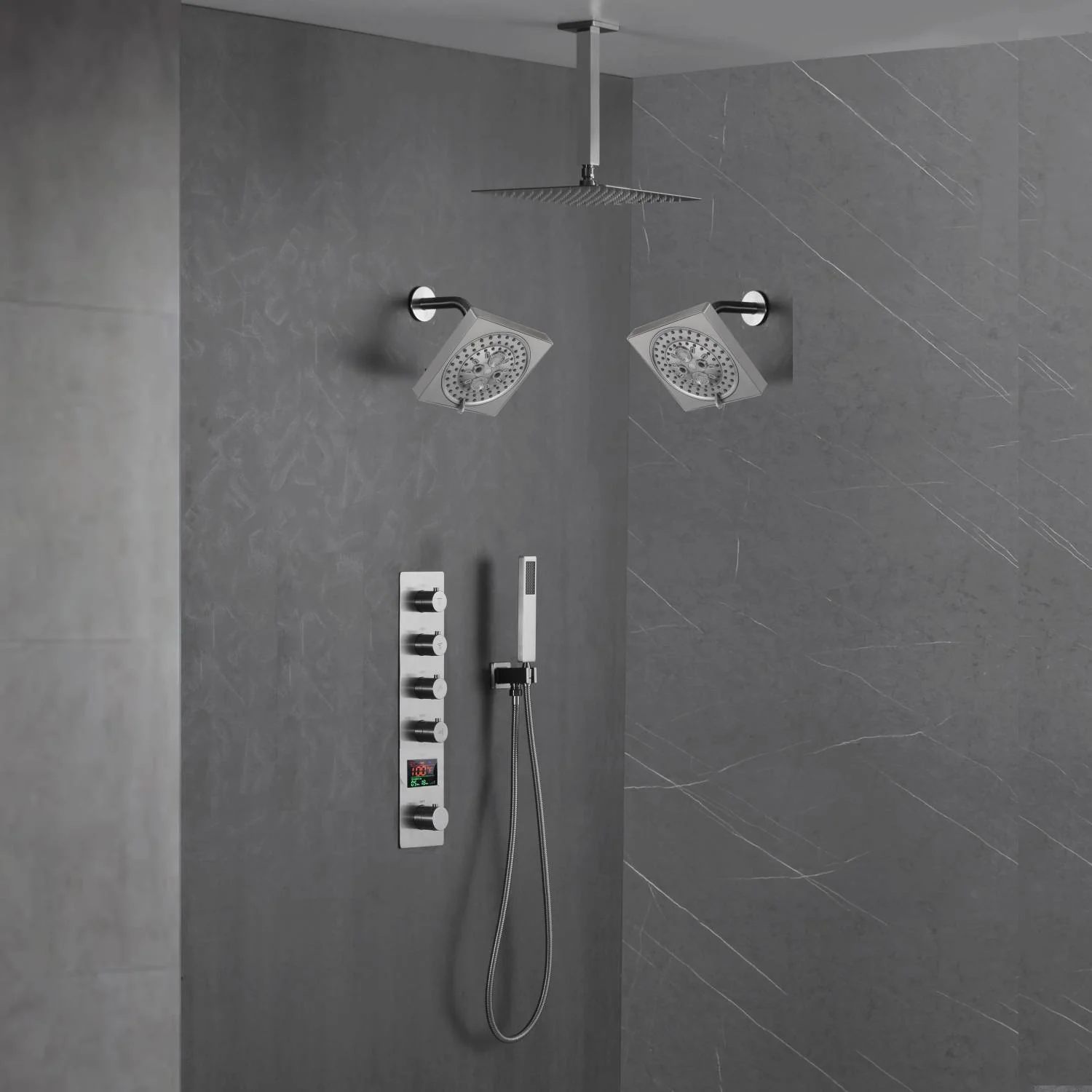 Brushed Nickel 4-Way Thermostatic Ceiling Mount Shower System with Dual Functionality - Image 2
