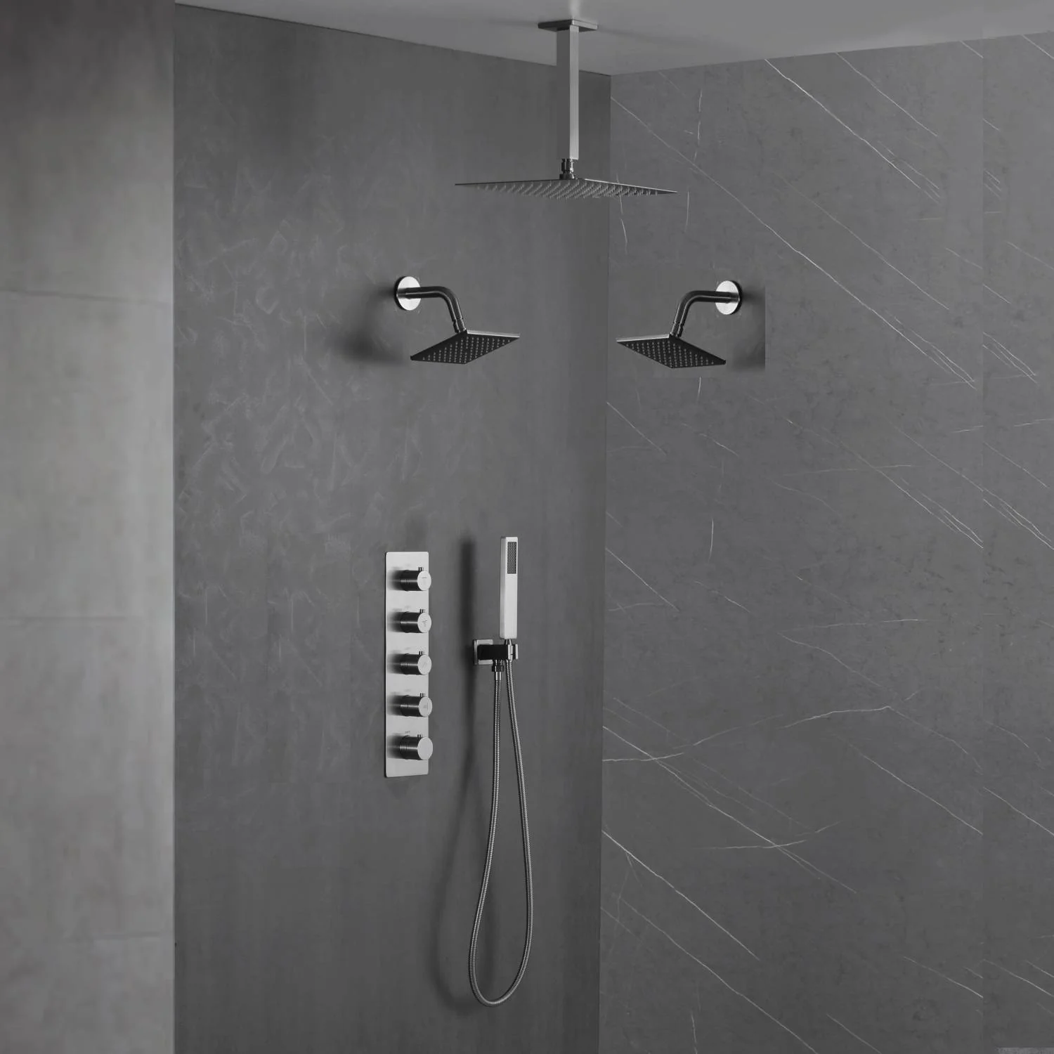 Brushed Nickel 4-Way Thermostatic Ceiling Mount Shower System with Dual Functionality - Image 3