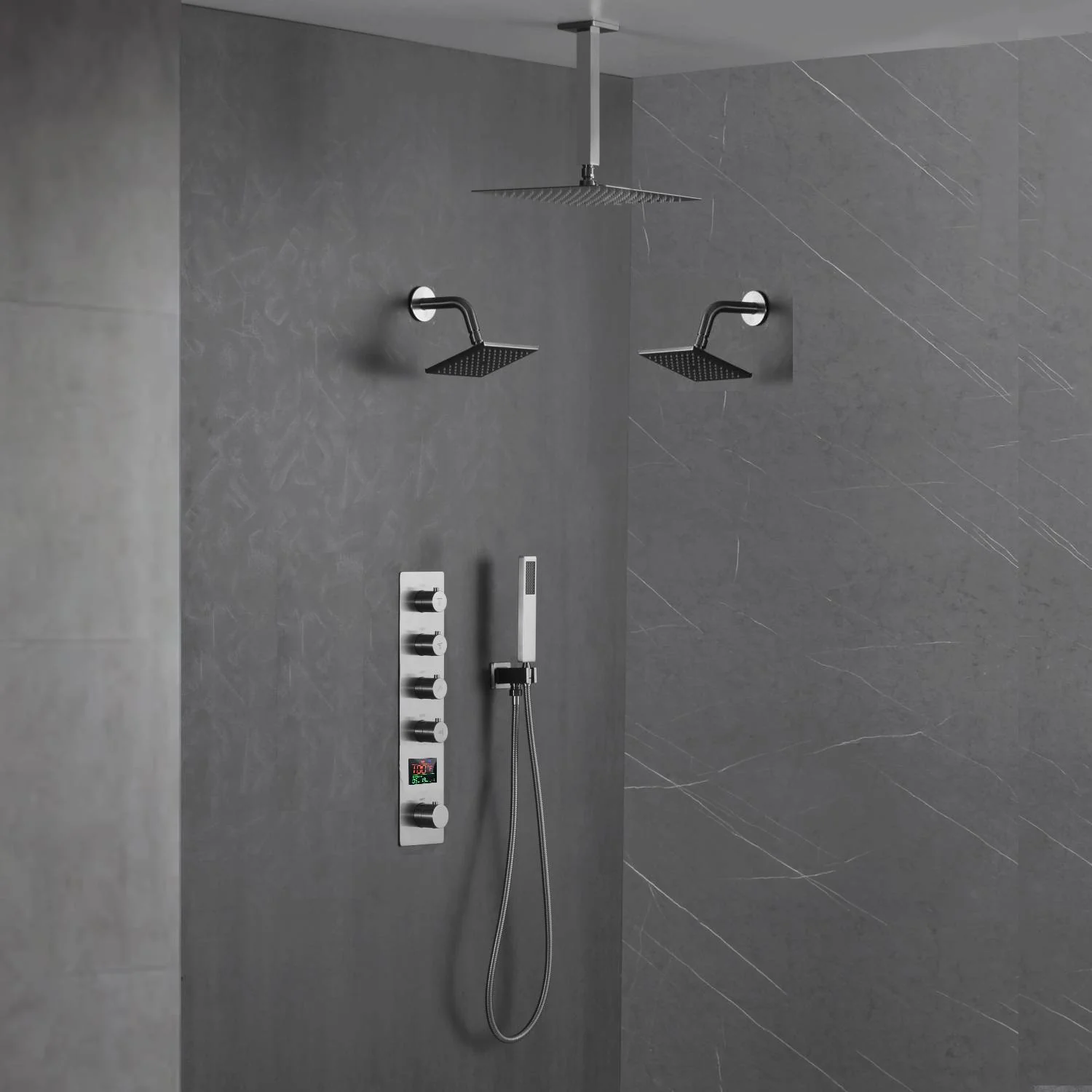 Brushed Nickel 4-Way Thermostatic Ceiling Mount Shower System with Dual Functionality - Image 4