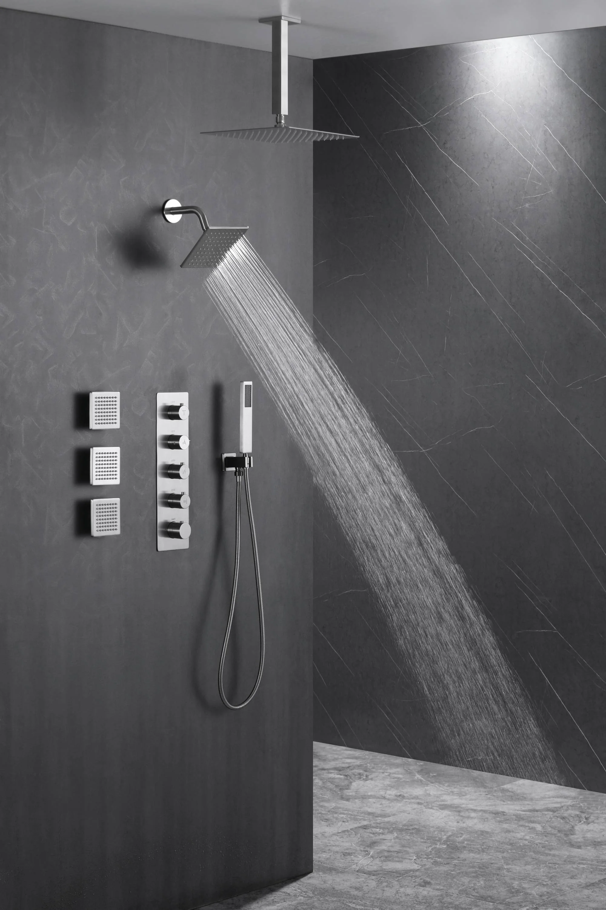 Brushed Nickel 4-Way Thermostatic Ceiling Mount Shower System with Dual Functionality - Image 5