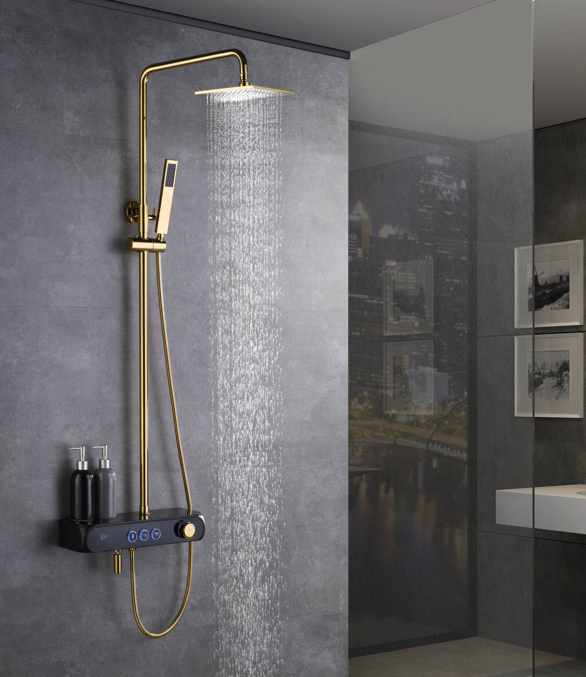 Gold Thermostatic Shower Set with Digital Display, Hand Shower, Tub Spout - 3 Functions - Image 6