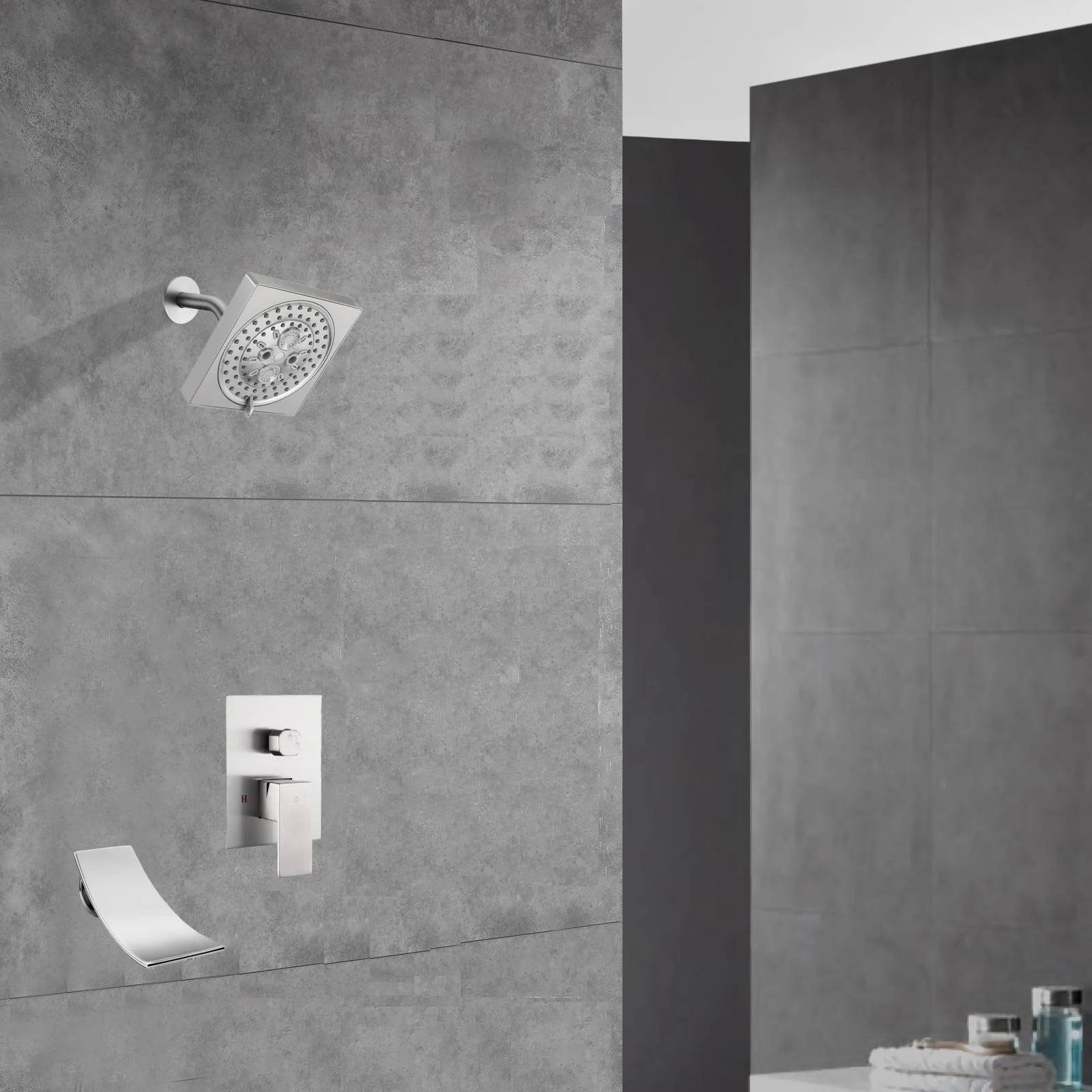 Two-Function Wall-Mounted Brushed Nickel Shower System: Regular Shower Head with High Water Pressure And Tub Spout - Image 4