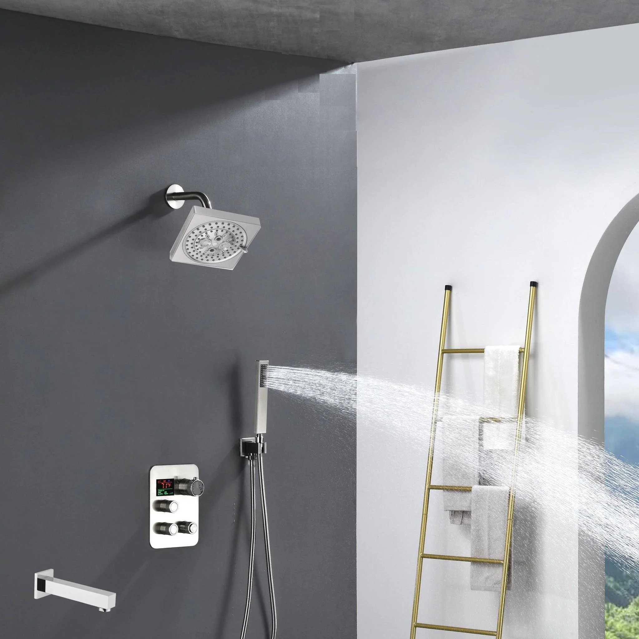 6" Wall Mount High Pressure Shower Head with 3-Way Digital Thermostatic System and Tub Spout - Image 3