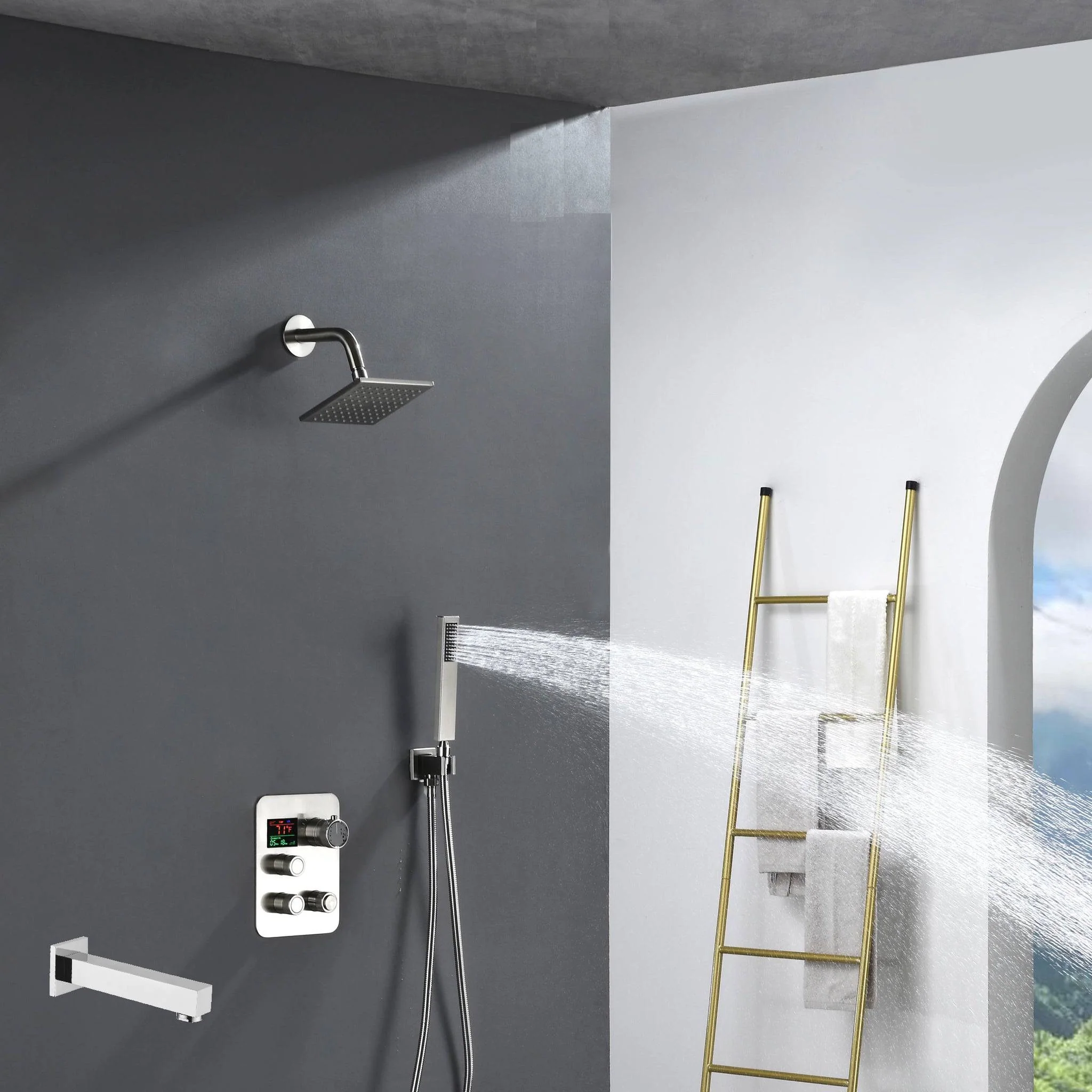 6" Wall Mount High Pressure Shower Head with 3-Way Digital Thermostatic System and Tub Spout - Image 4