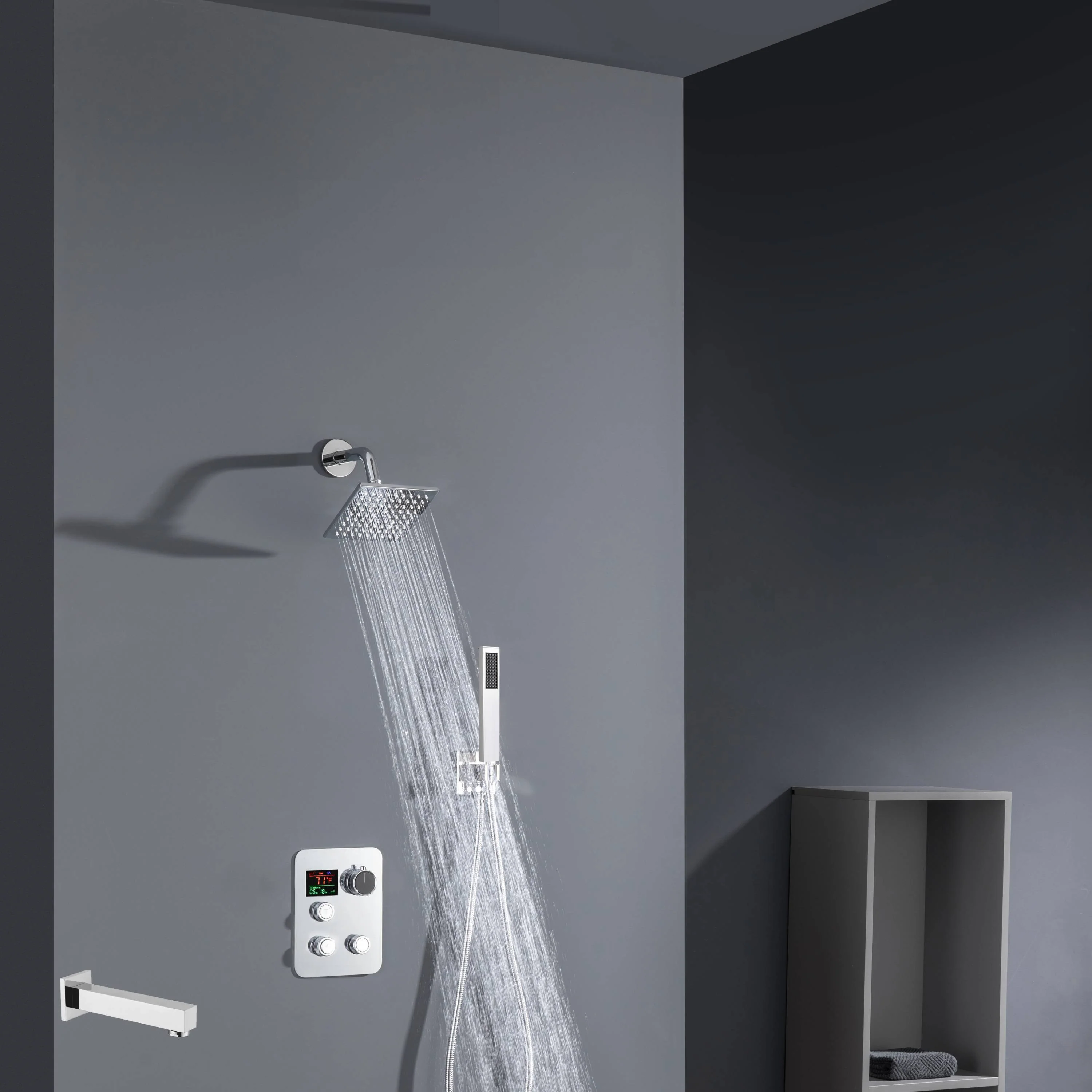 6" Wall Mount High Pressure Shower Head with 3-Way Digital Thermostatic System and Tub Spout - Image 5