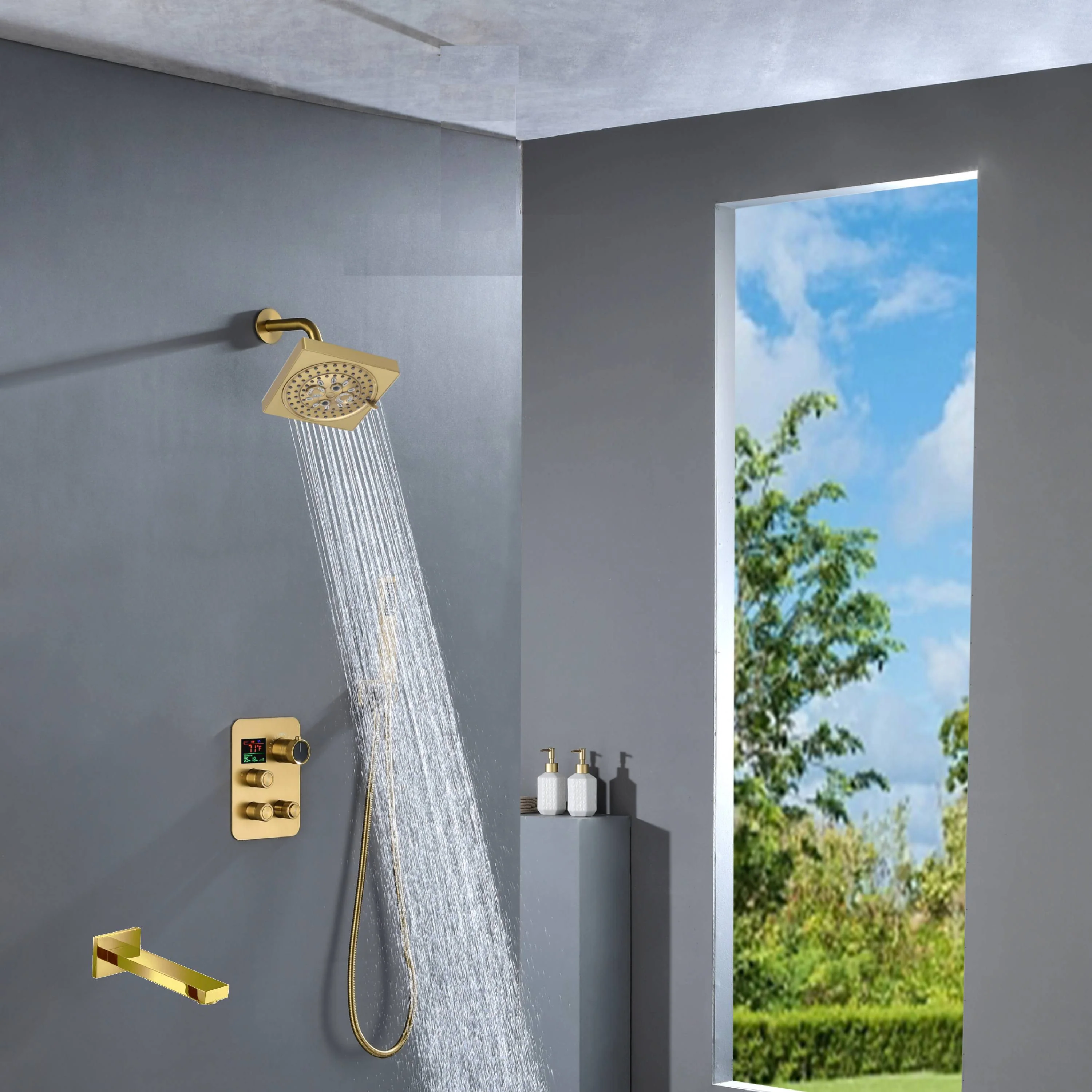6" Wall Mount High Pressure Shower Head with 3-Way Digital Thermostatic System and Tub Spout - Image 6