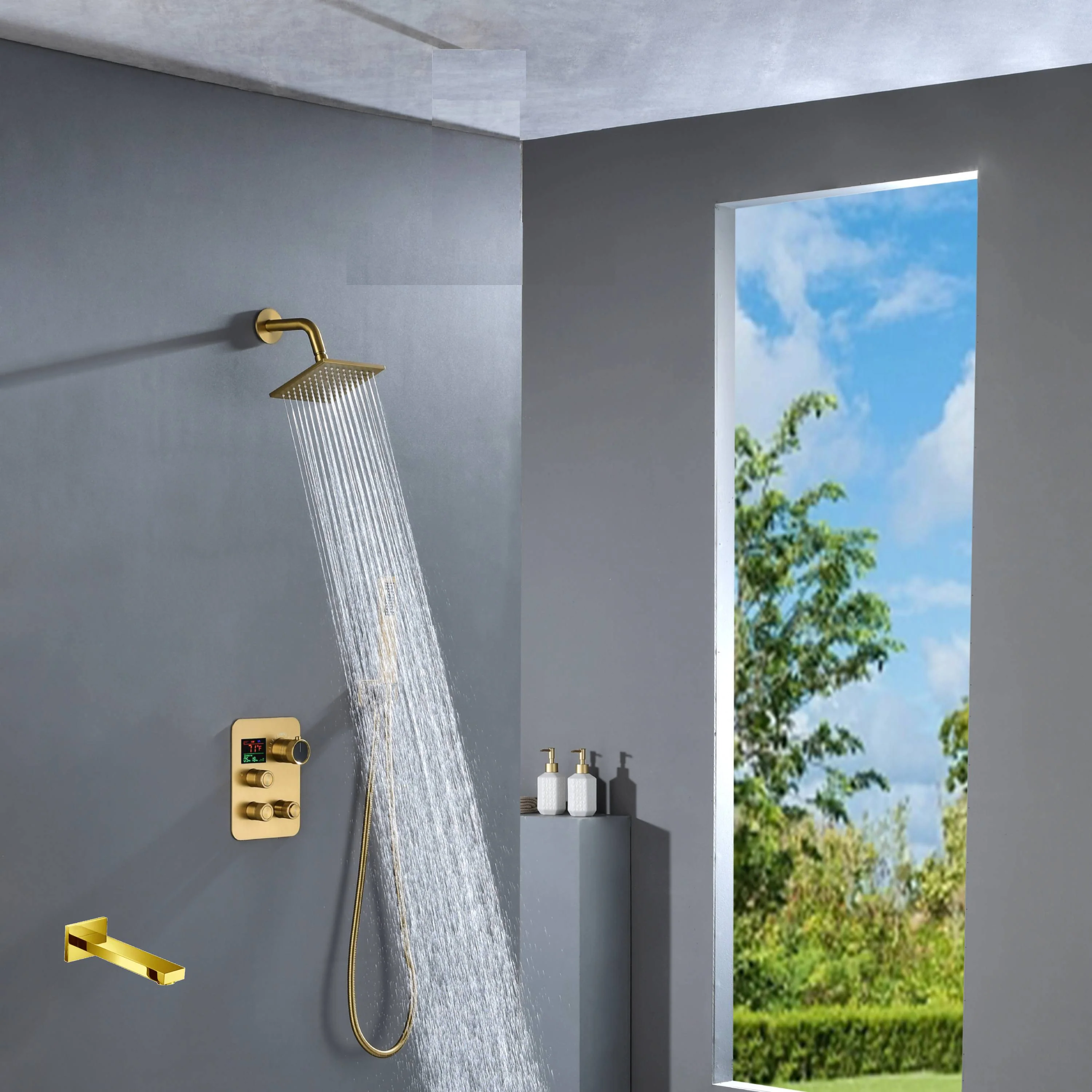 6" Wall Mount High Pressure Shower Head with 3-Way Digital Thermostatic System and Tub Spout - Image 7
