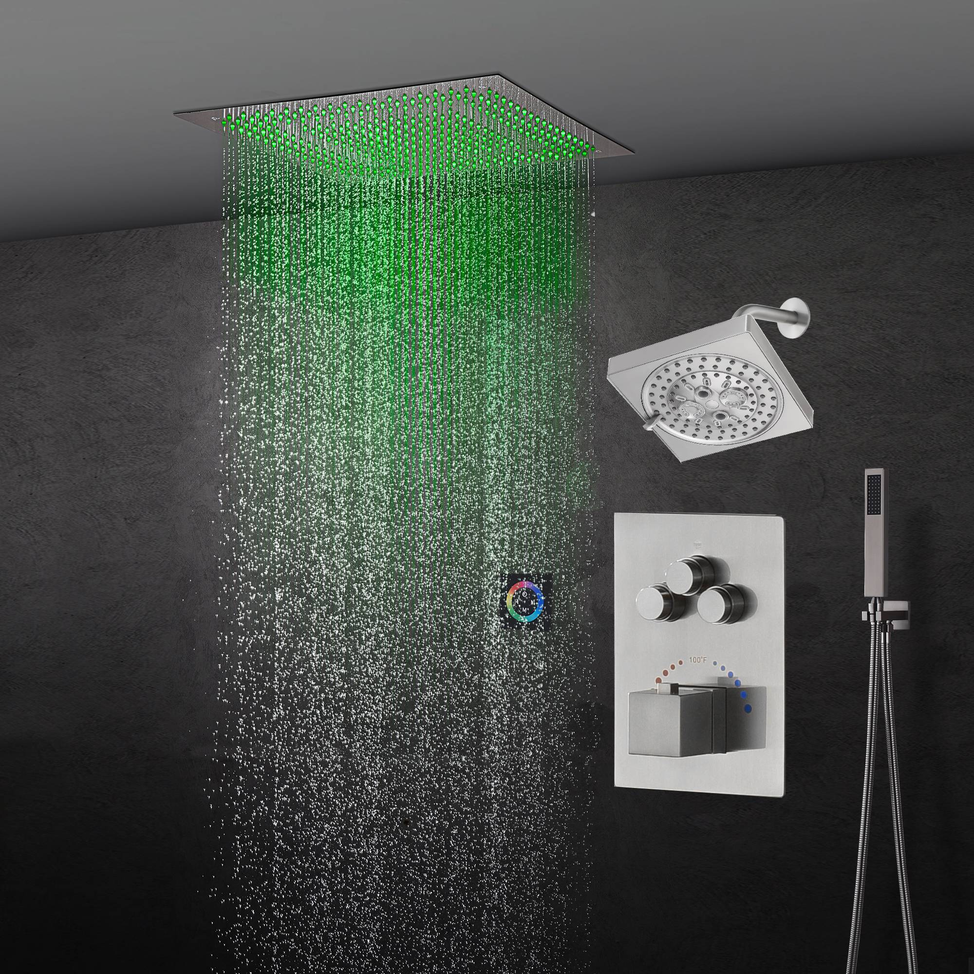 6" Wall Mount High Pressure Shower Head with 20" LED Rainfall Head in 3-Way Thermostatic System - Image 3