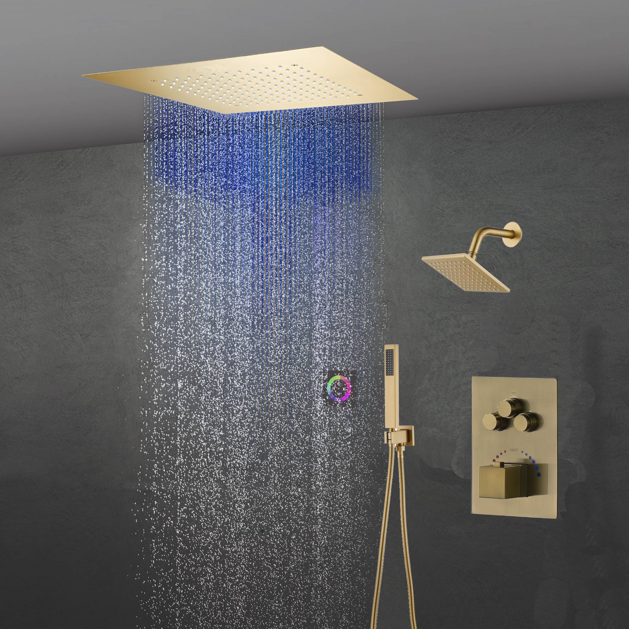 6" Wall Mount High Pressure Shower Head with 20" LED Rainfall Head in 3-Way Thermostatic System - Image 4