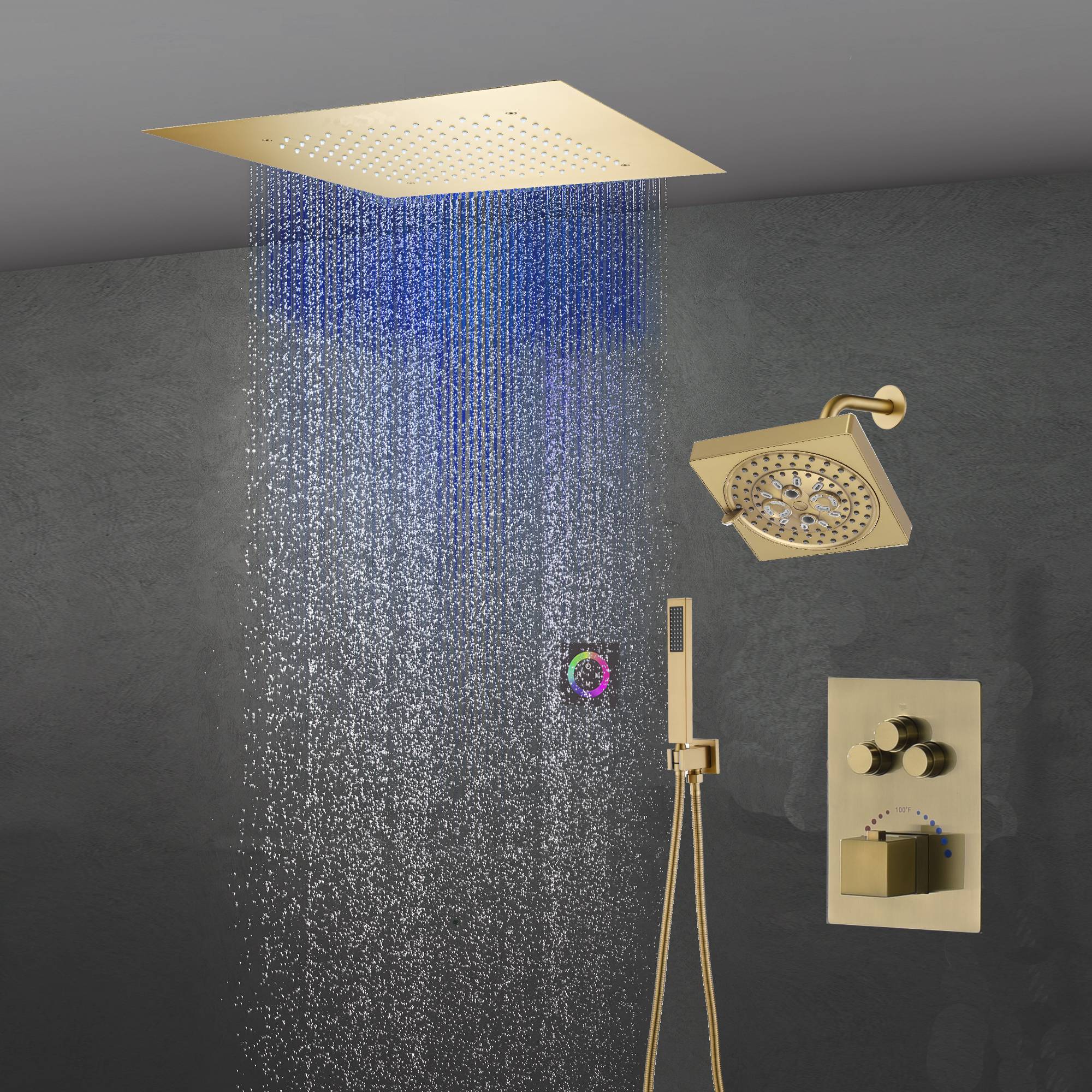 6" Wall Mount High Pressure Shower Head with 20" LED Rainfall Head in 3-Way Thermostatic System - Image 5