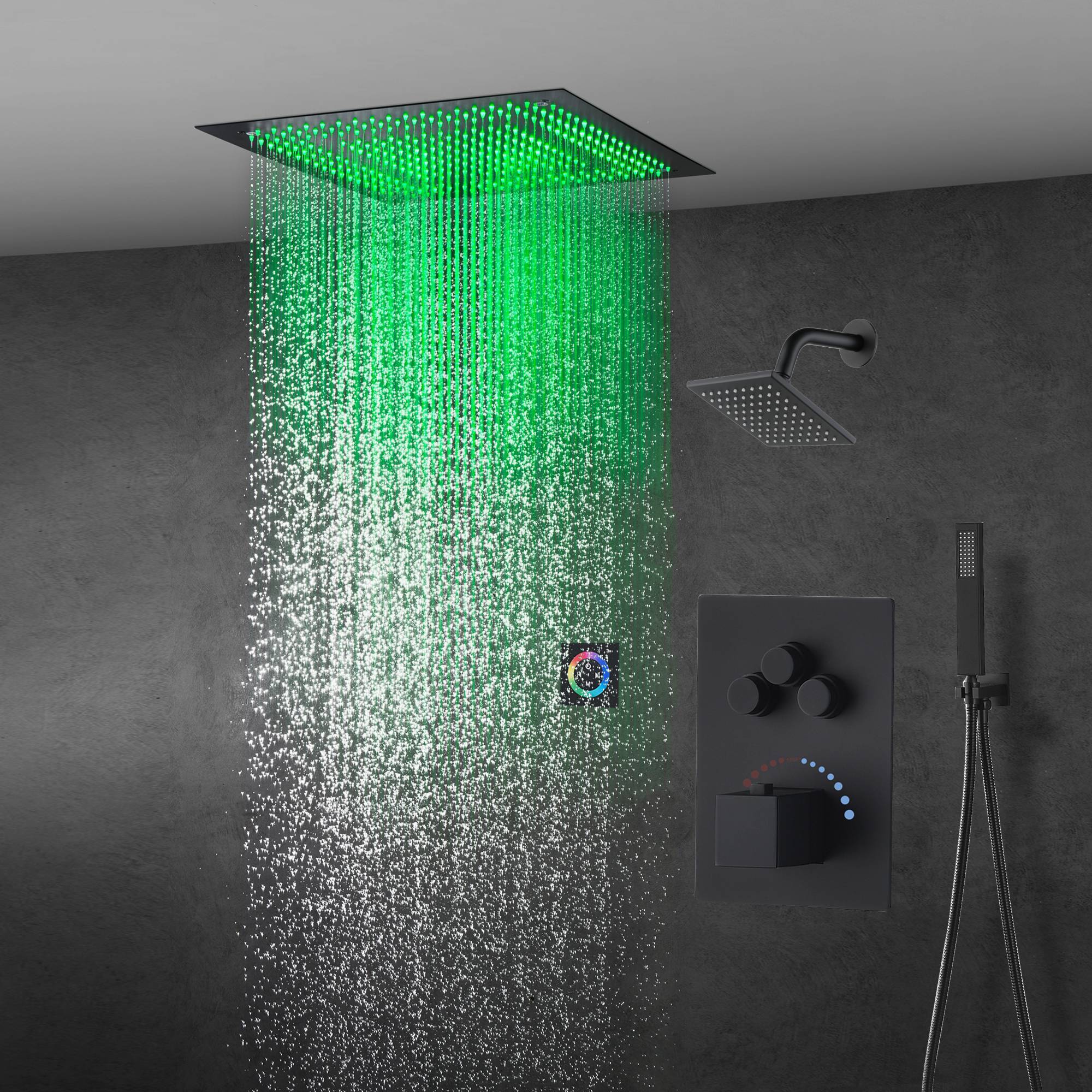 6" Wall Mount High Pressure Shower Head with 20" LED Rainfall Head in 3-Way Thermostatic System - Image 6