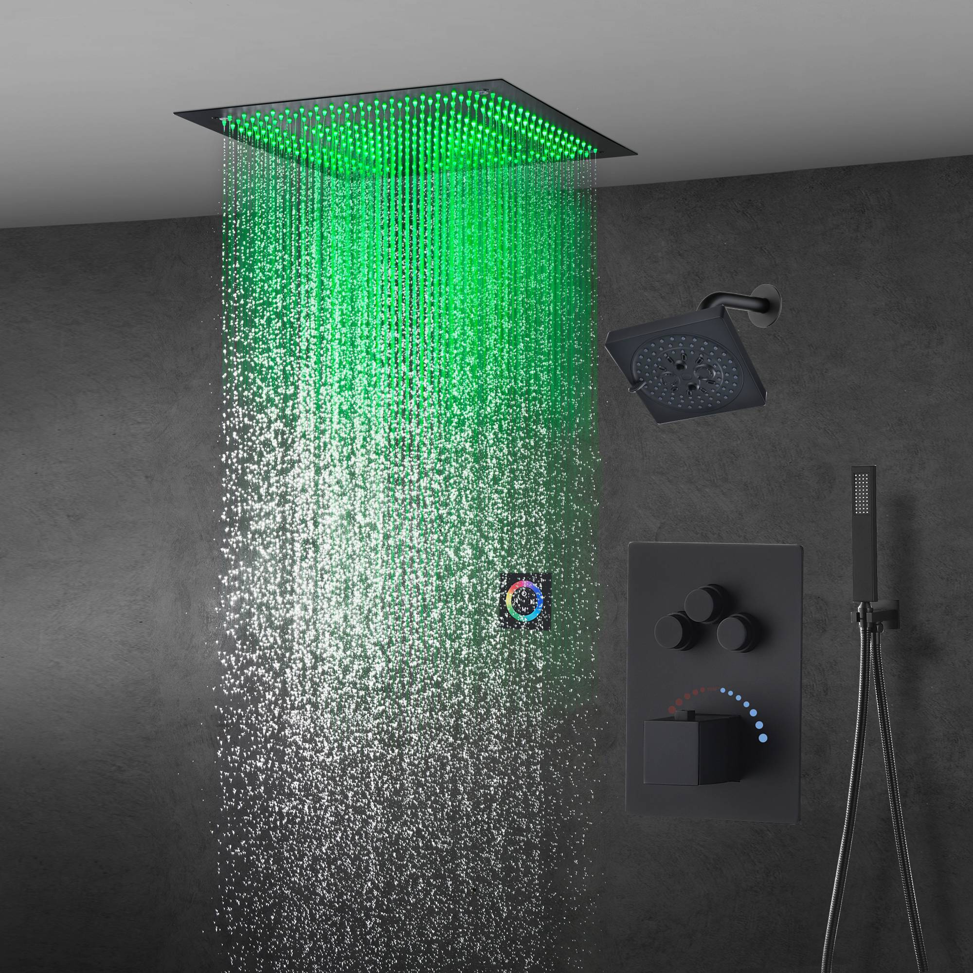 6" Wall Mount High Pressure Shower Head with 20" LED Rainfall Head in 3-Way Thermostatic System - Image 7