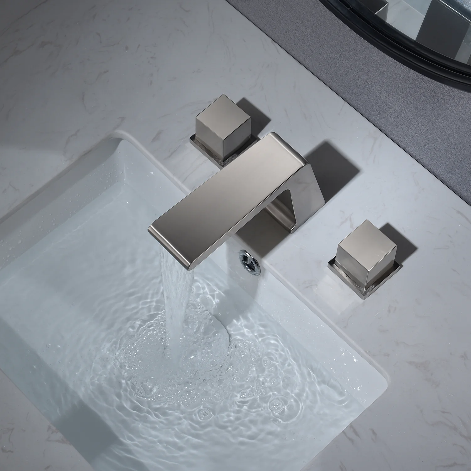Widespread Brushed Nickel Waterfall Two Handles 3-Hole Bathroom Sink Faucet with Pop-Up Overflow Brass Drain - Image 3