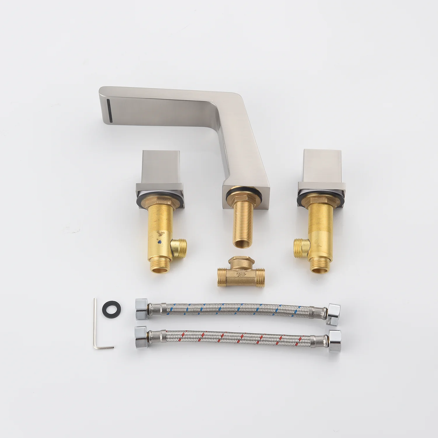 Widespread Brushed Nickel Waterfall Two Handles 3-Hole Bathroom Sink Faucet with Pop-Up Overflow Brass Drain - Image 4