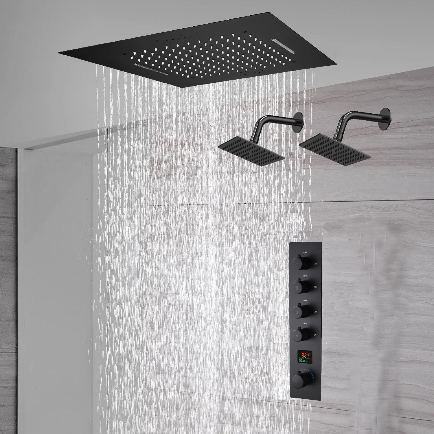 waterfall rainfall 20'' or 24'' Flush or ceiling mounted matte Black 4 way Digital display thermostatic shower faucets With regular head - Image 10