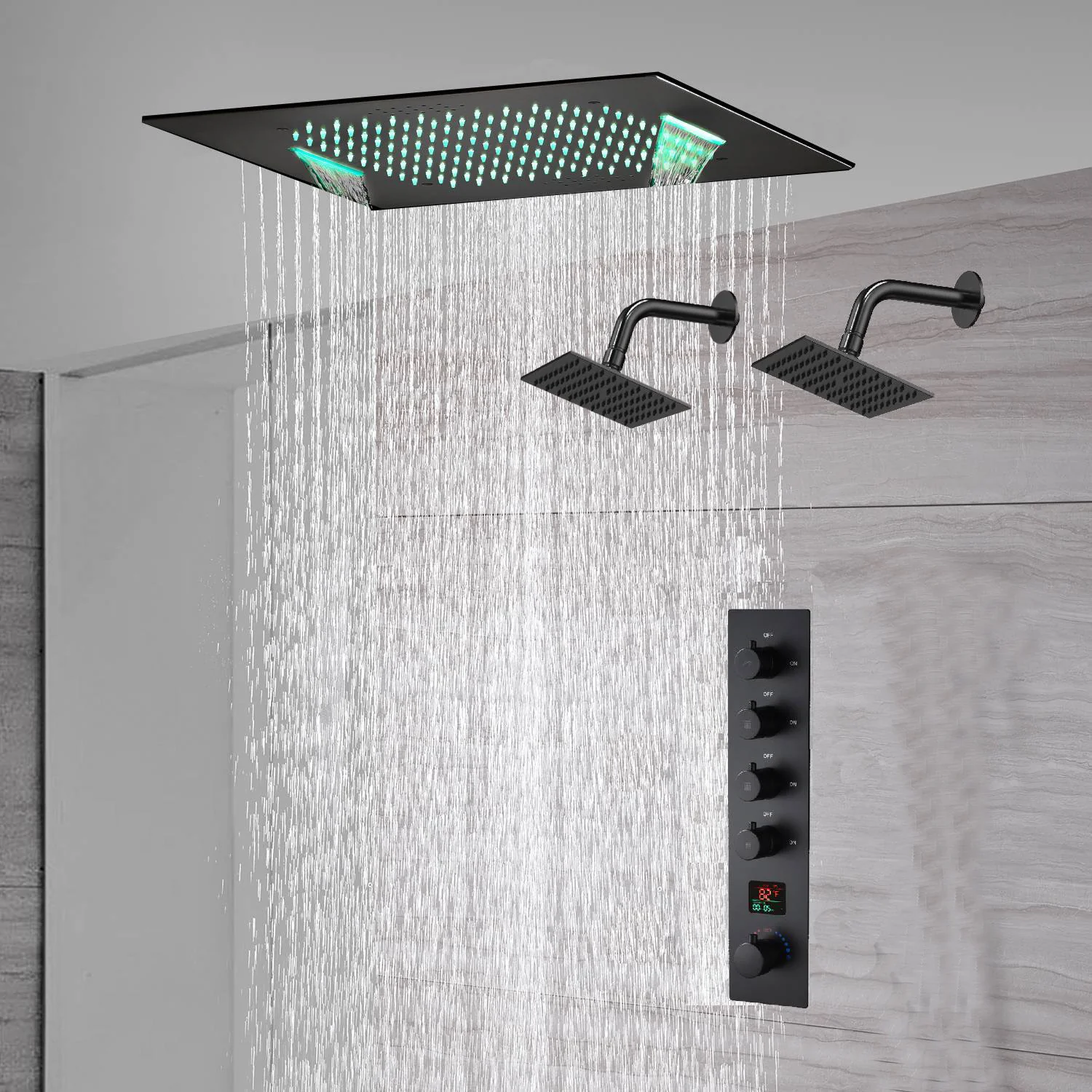 waterfall rainfall 20'' or 24'' Flush or ceiling mounted matte Black 4 way Digital display thermostatic shower faucets With regular head - Image 11