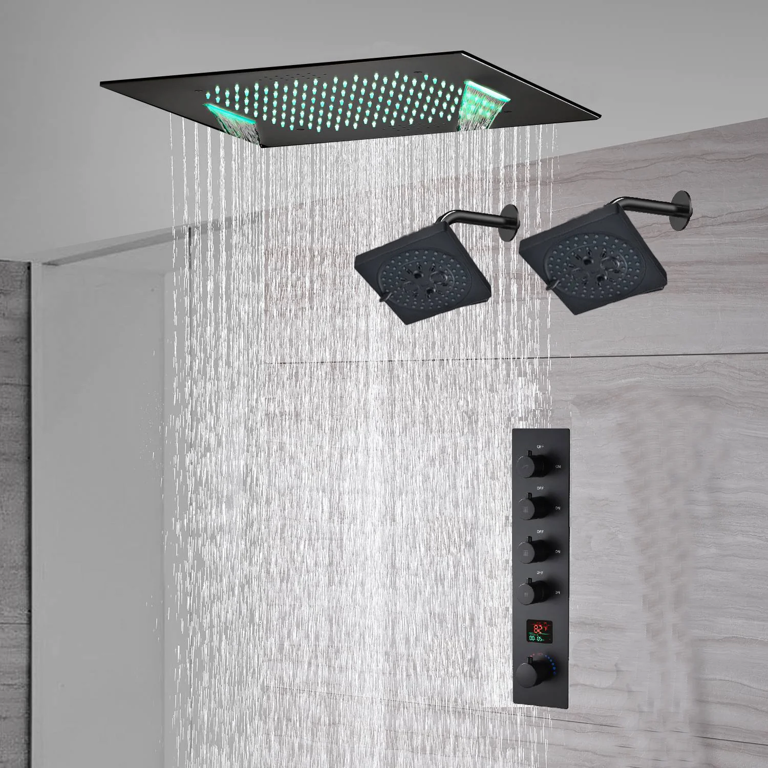 waterfall rainfall 20'' or 24'' Flush or ceiling mounted matte Black 4 way Digital display thermostatic shower faucets With regular head - Image 12