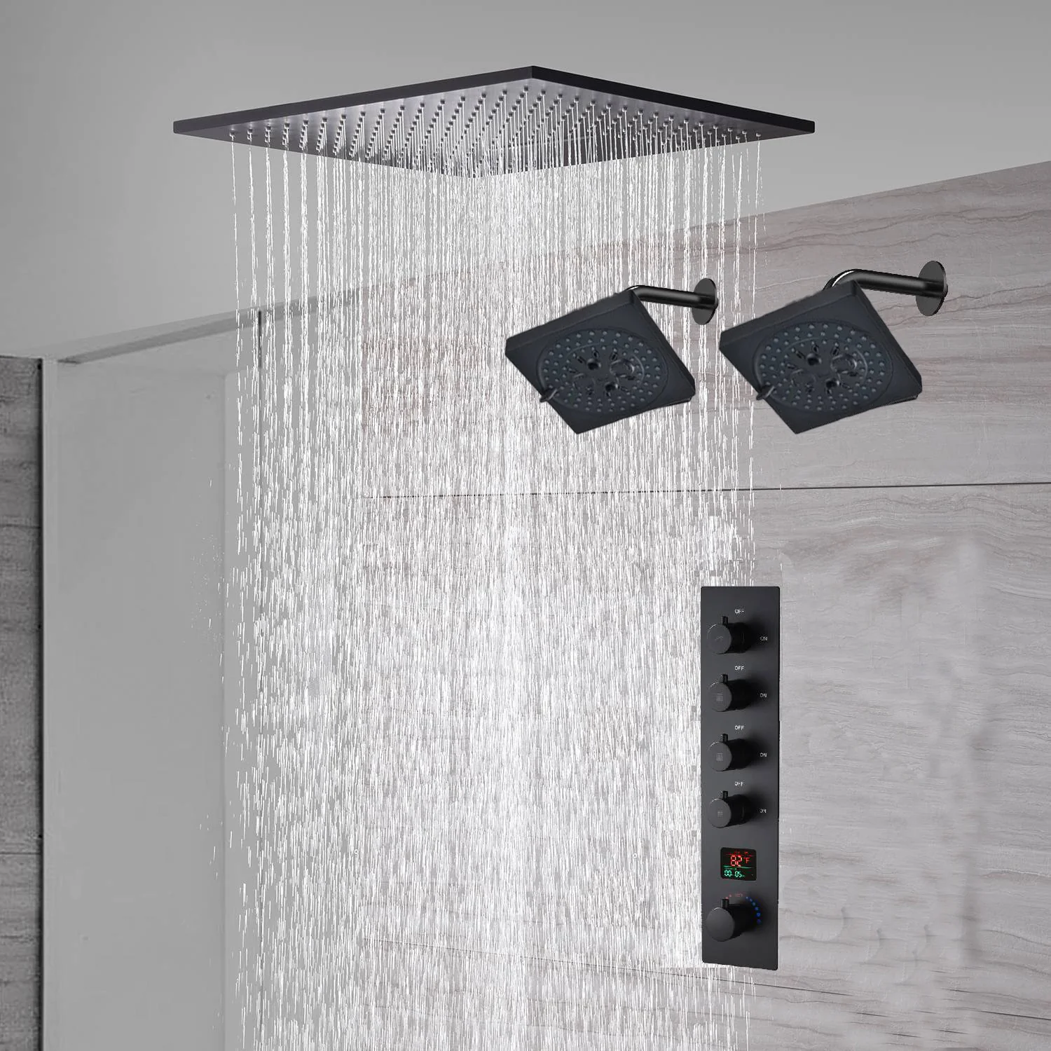 waterfall rainfall 20'' or 24'' Flush or ceiling mounted matte Black 4 way Digital display thermostatic shower faucets With regular head - Image 2