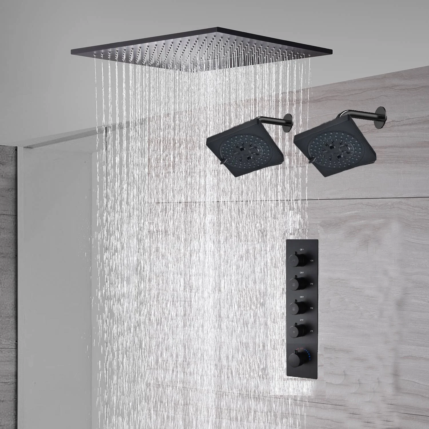 waterfall rainfall 20'' or 24'' Flush or ceiling mounted matte Black 4 way Digital display thermostatic shower faucets With regular head - Image 4
