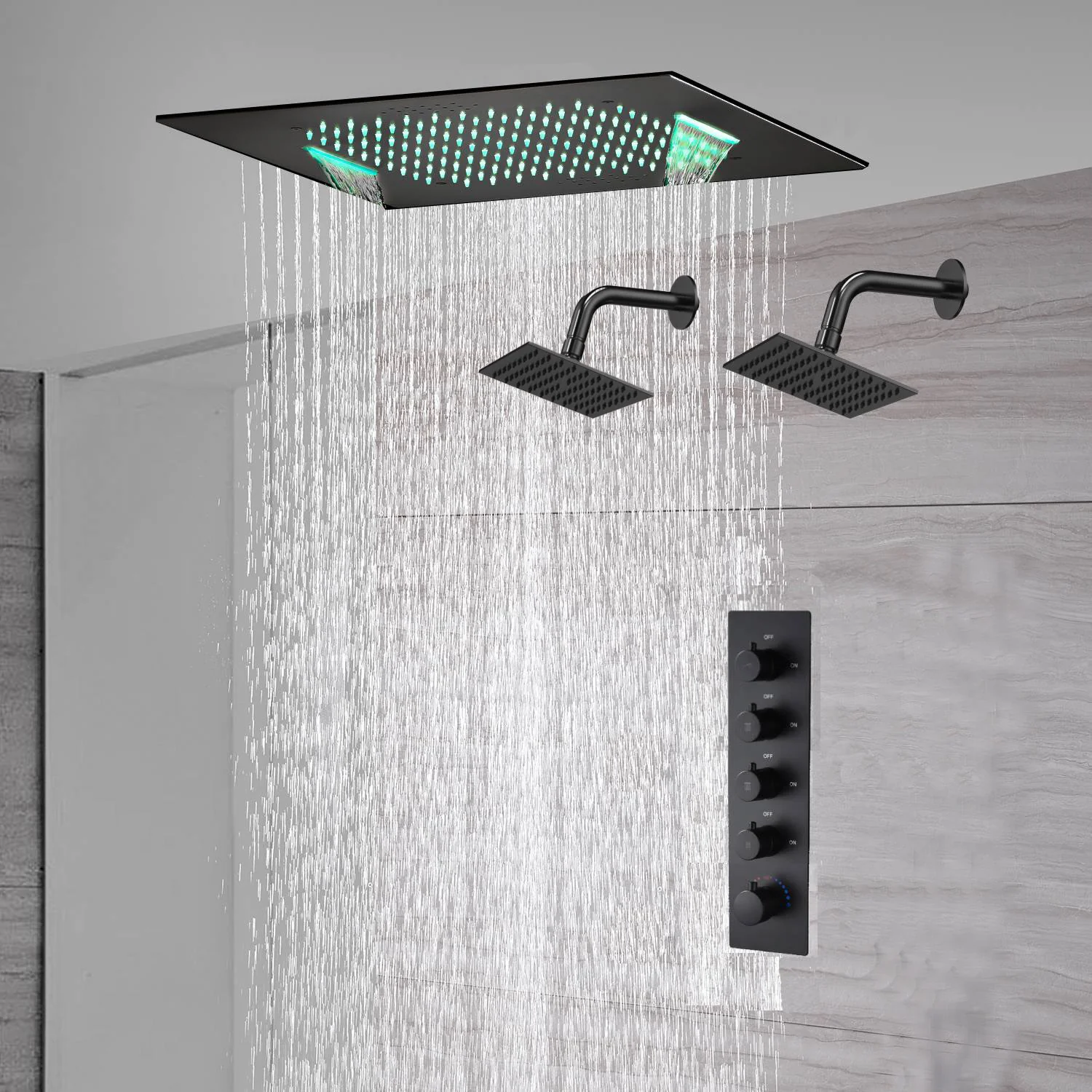 waterfall rainfall 20'' or 24'' Flush or ceiling mounted matte Black 4 way Digital display thermostatic shower faucets With regular head - Image 5