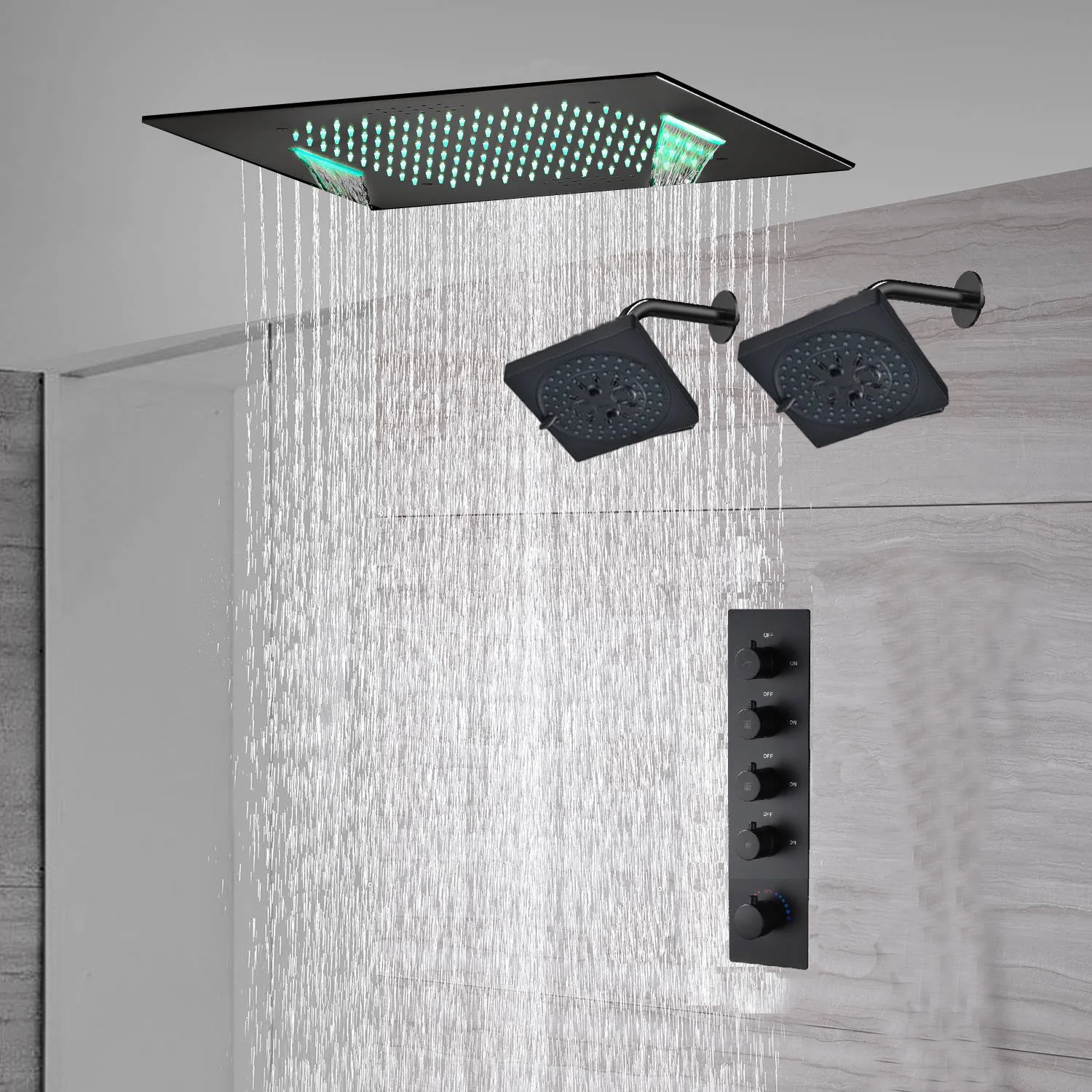 waterfall rainfall 20'' or 24'' Flush or ceiling mounted matte Black 4 way Digital display thermostatic shower faucets With regular head - Image 6