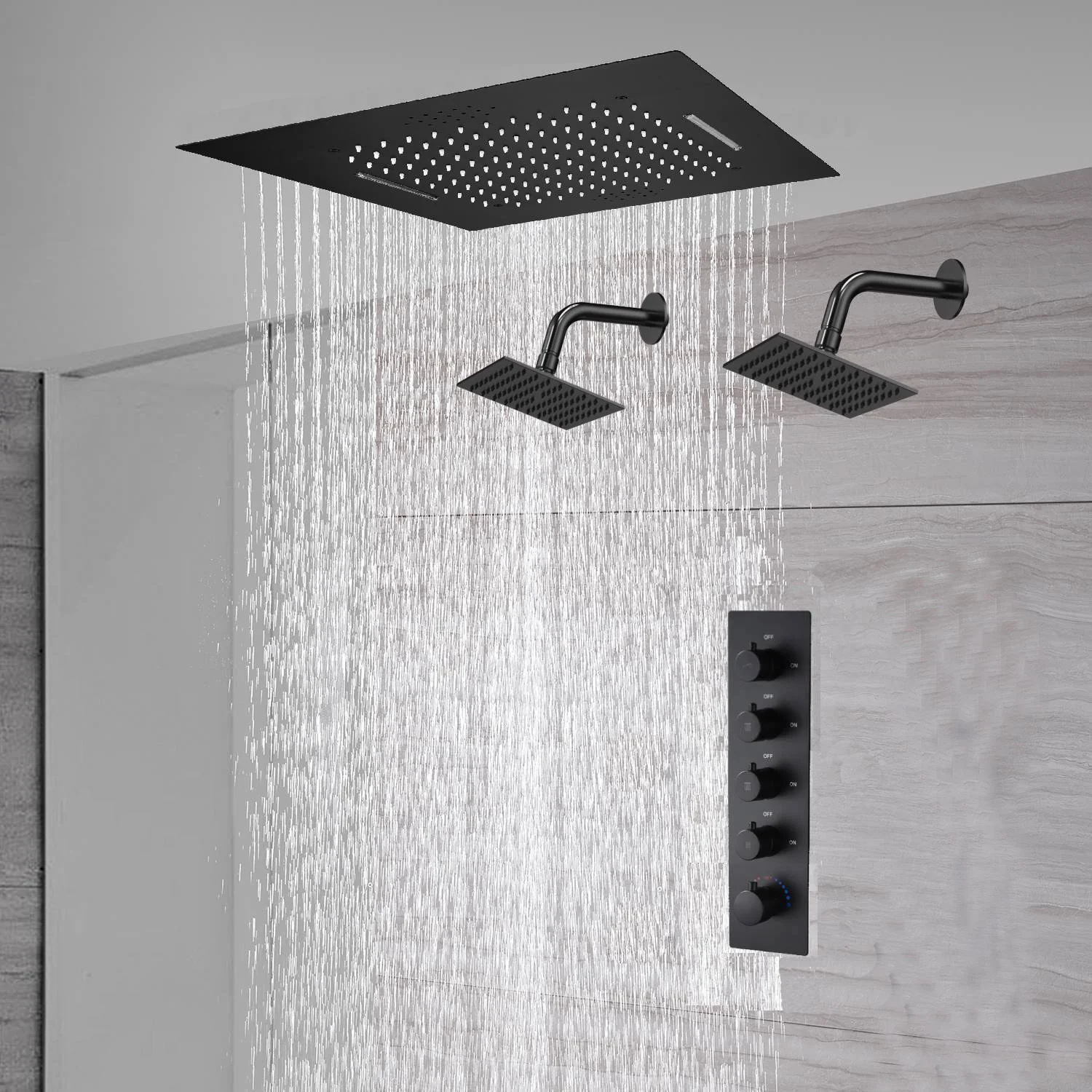 waterfall rainfall 20'' or 24'' Flush or ceiling mounted matte Black 4 way Digital display thermostatic shower faucets With regular head - Image 7