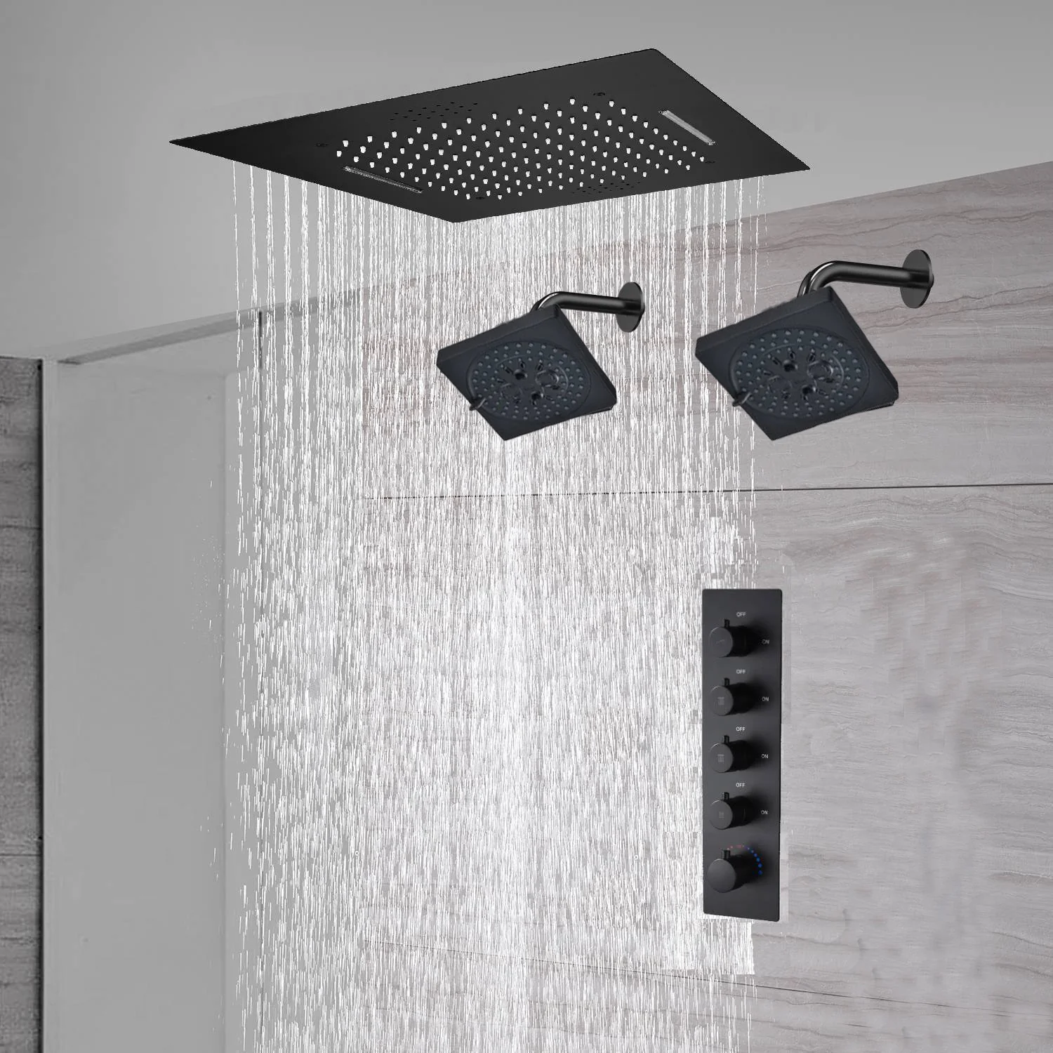 waterfall rainfall 20'' or 24'' Flush or ceiling mounted matte Black 4 way Digital display thermostatic shower faucets With regular head - Image 8