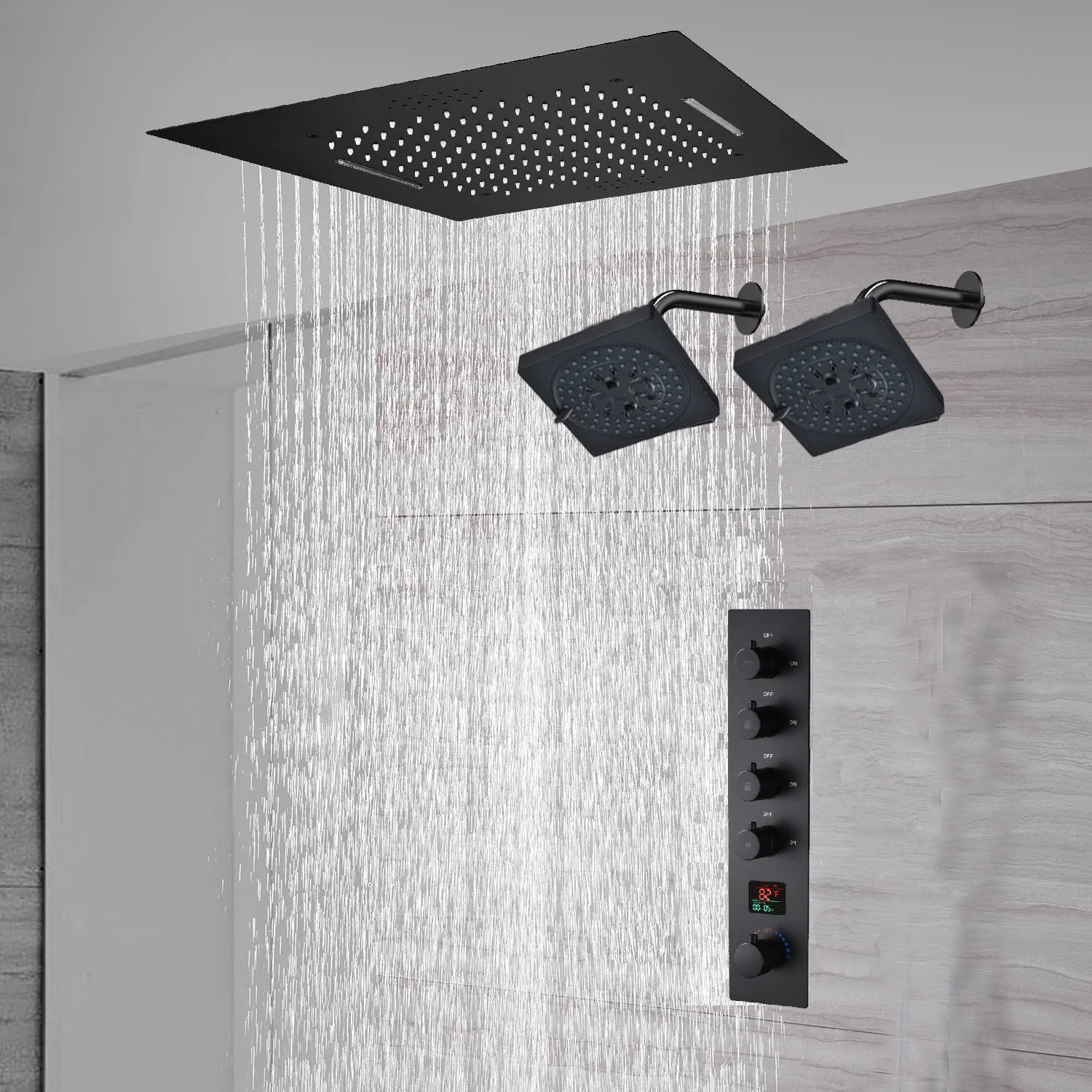 waterfall rainfall 20'' or 24'' Flush or ceiling mounted matte Black 4 way Digital display thermostatic shower faucets With regular head - Image 9