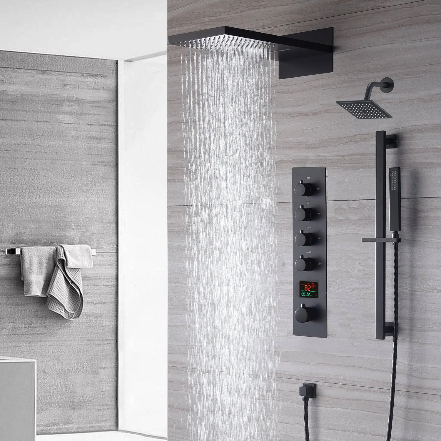 waterfall rainfall 22'' matte black 4 Way Thermostatic Shower Faucet system with sliding bar and regular head