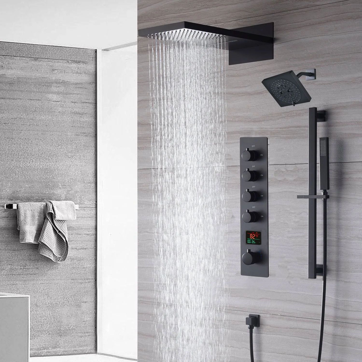 waterfall rainfall 22'' matte black 4 Way Thermostatic Shower Faucet system with sliding bar and regular head - Image 2