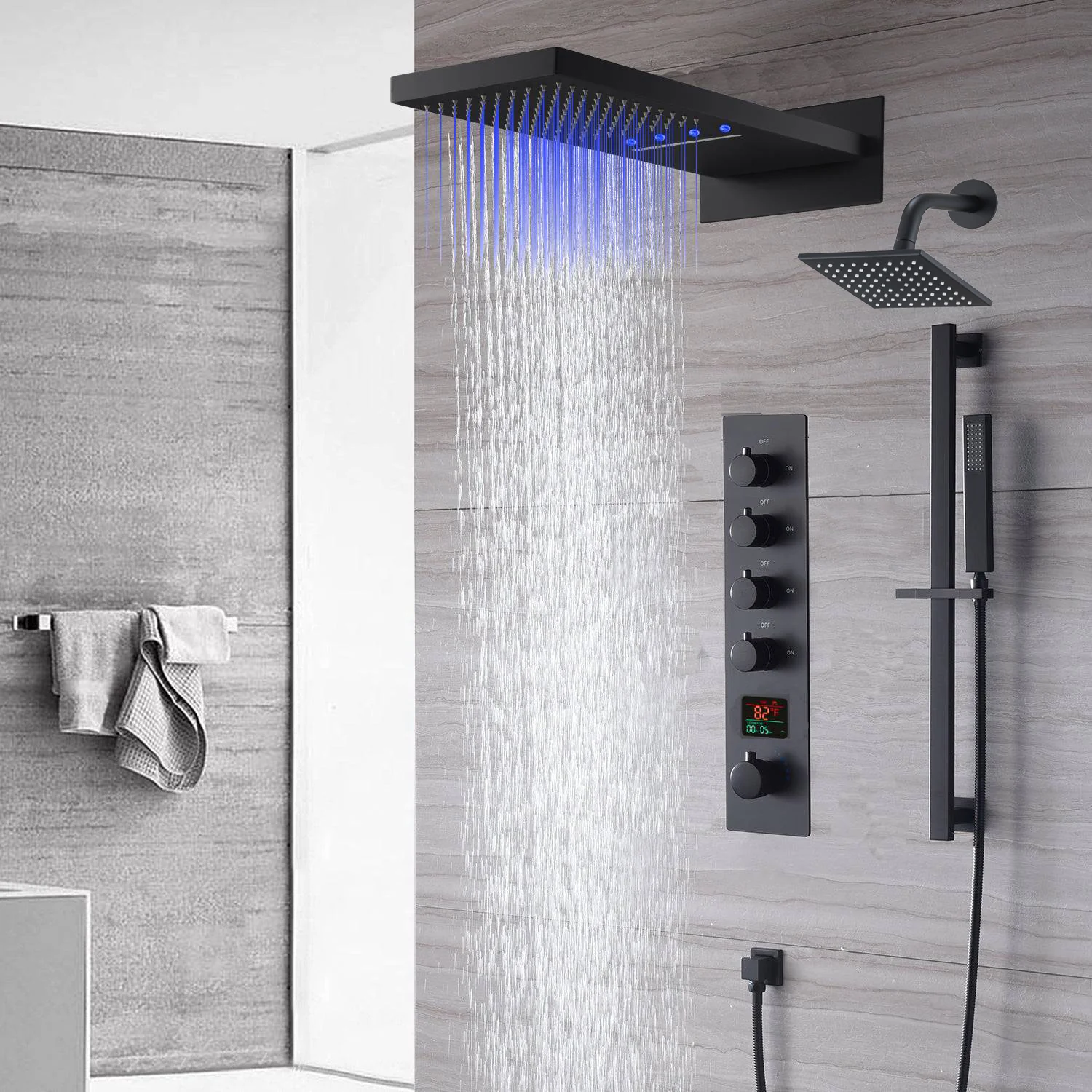 waterfall rainfall 22'' matte black 4 Way Thermostatic Shower Faucet system with sliding bar and regular head - Image 3