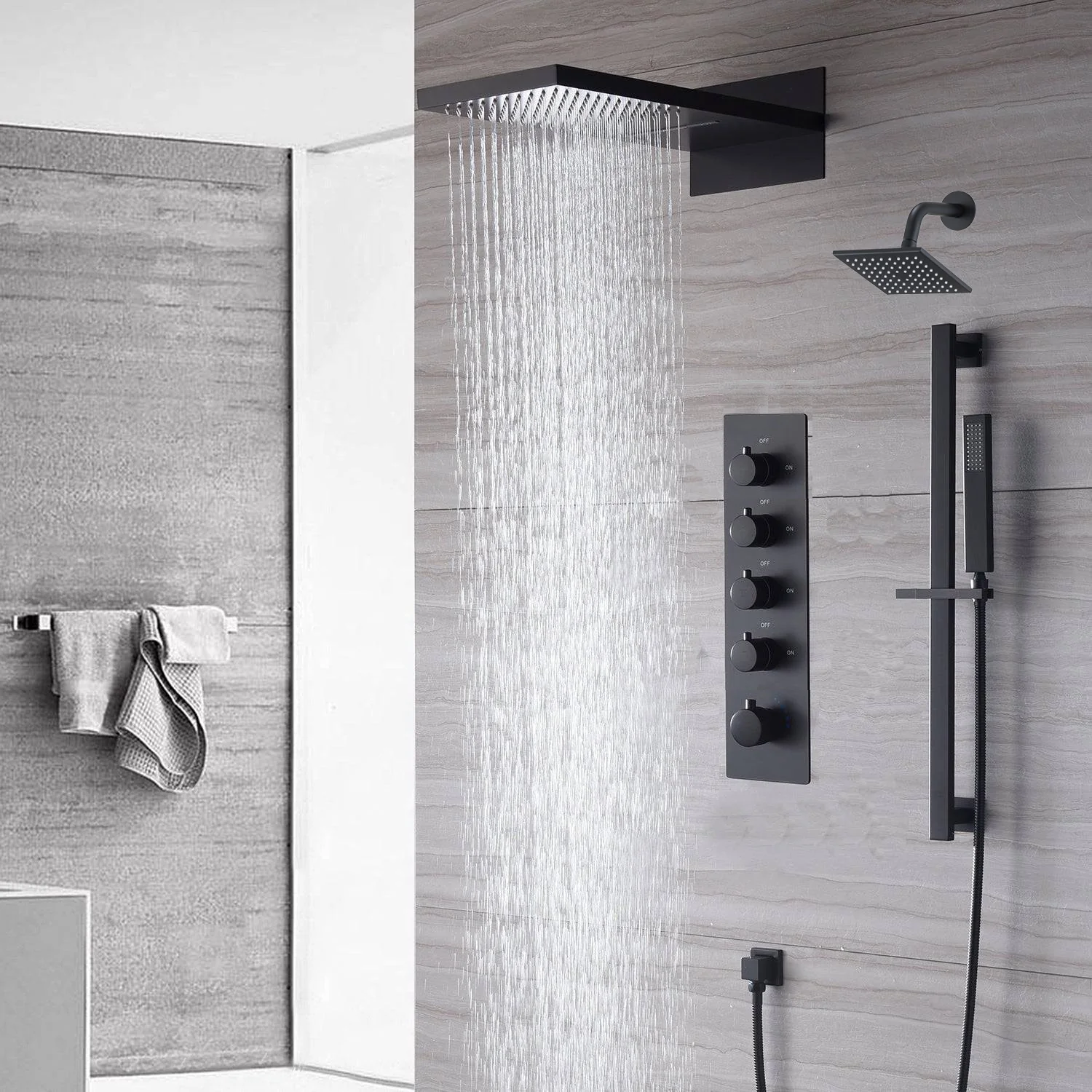 waterfall rainfall 22'' matte black 4 Way Thermostatic Shower Faucet system with sliding bar and regular head - Image 4