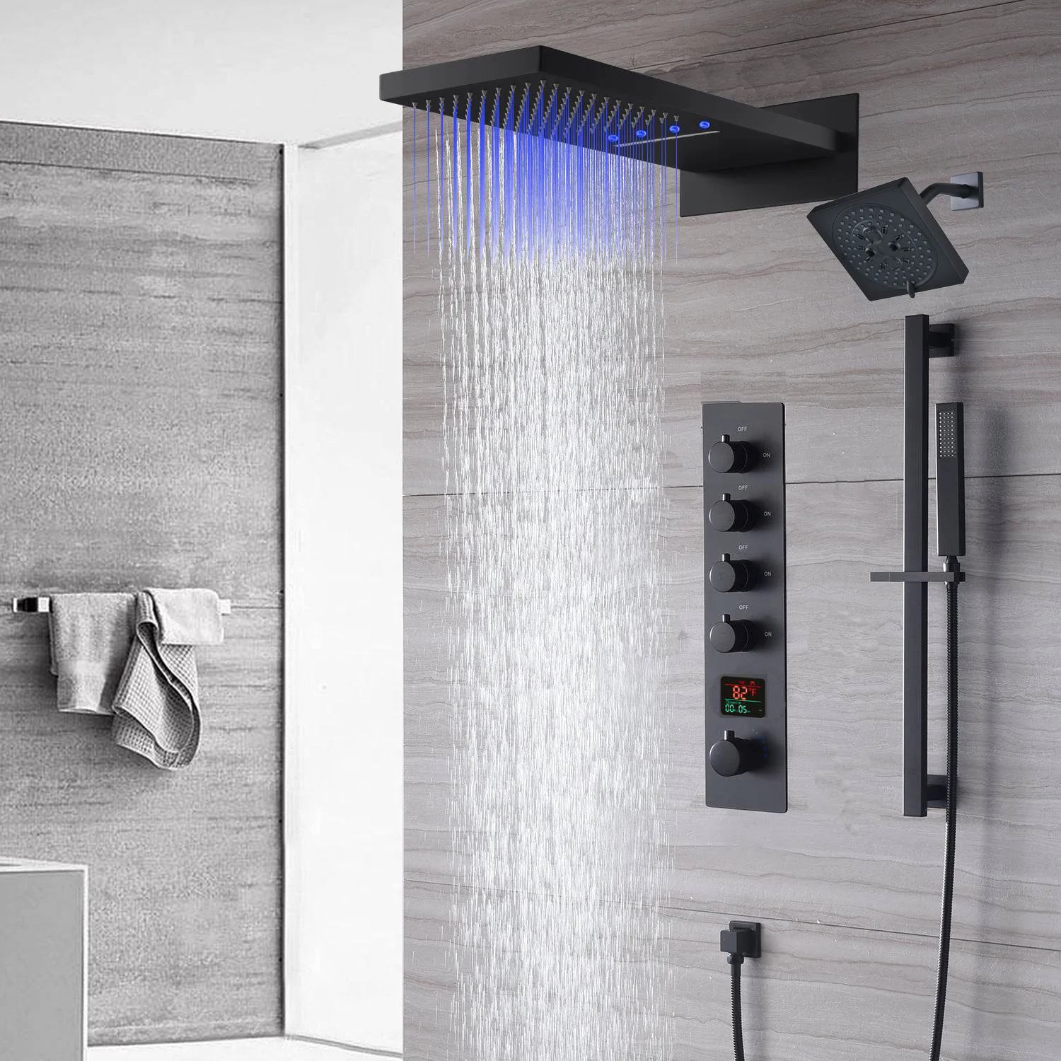 waterfall rainfall 22'' matte black 4 Way Thermostatic Shower Faucet system with sliding bar and regular head - Image 5