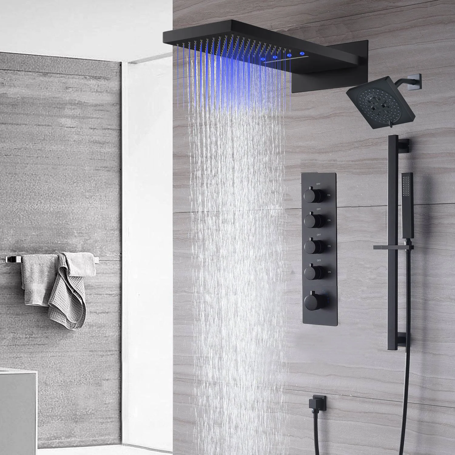 waterfall rainfall 22'' matte black 4 Way Thermostatic Shower Faucet system with sliding bar and regular head - Image 7