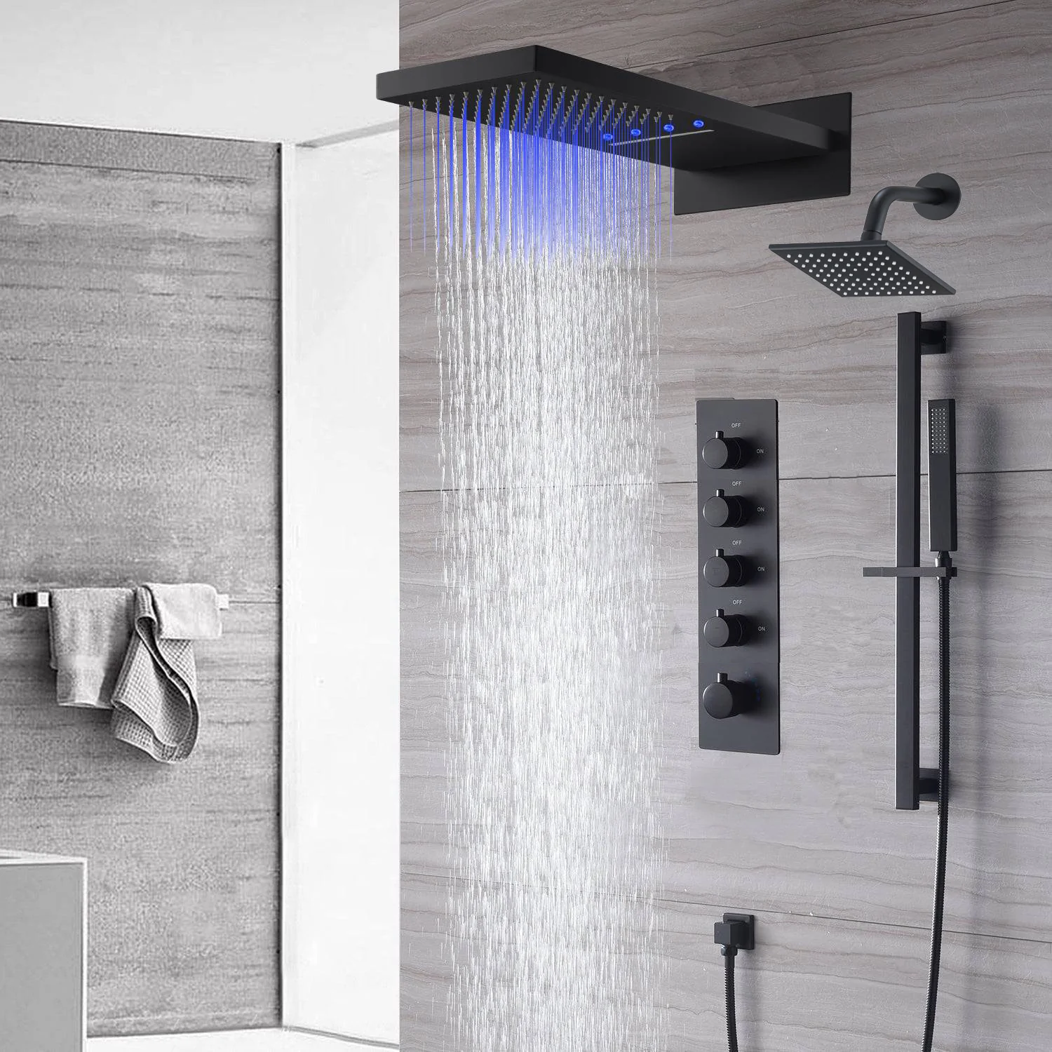 waterfall rainfall 22'' matte black 4 Way Thermostatic Shower Faucet system with sliding bar and regular head - Image 8