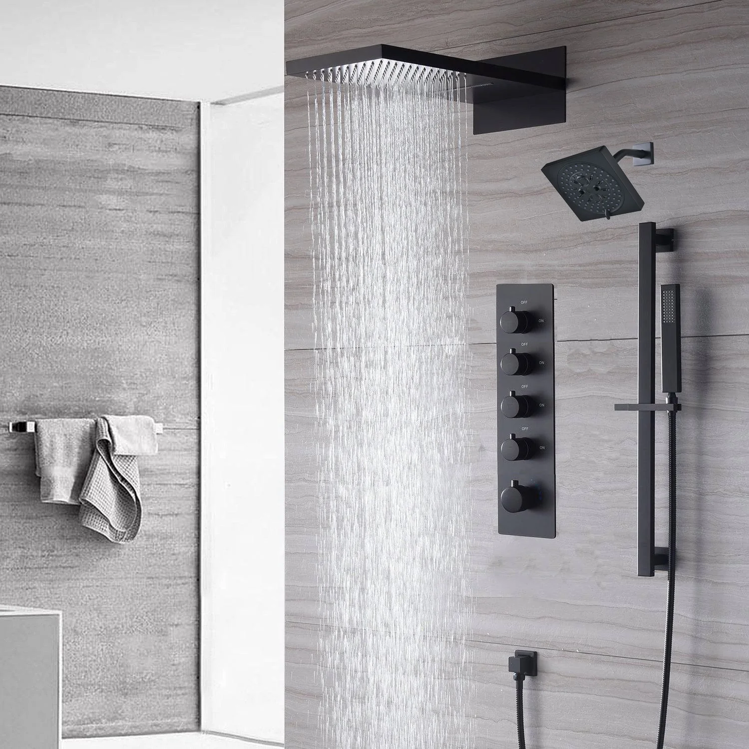 waterfall rainfall 22'' matte black 4 Way Thermostatic Shower Faucet system with sliding bar and regular head - Image 9