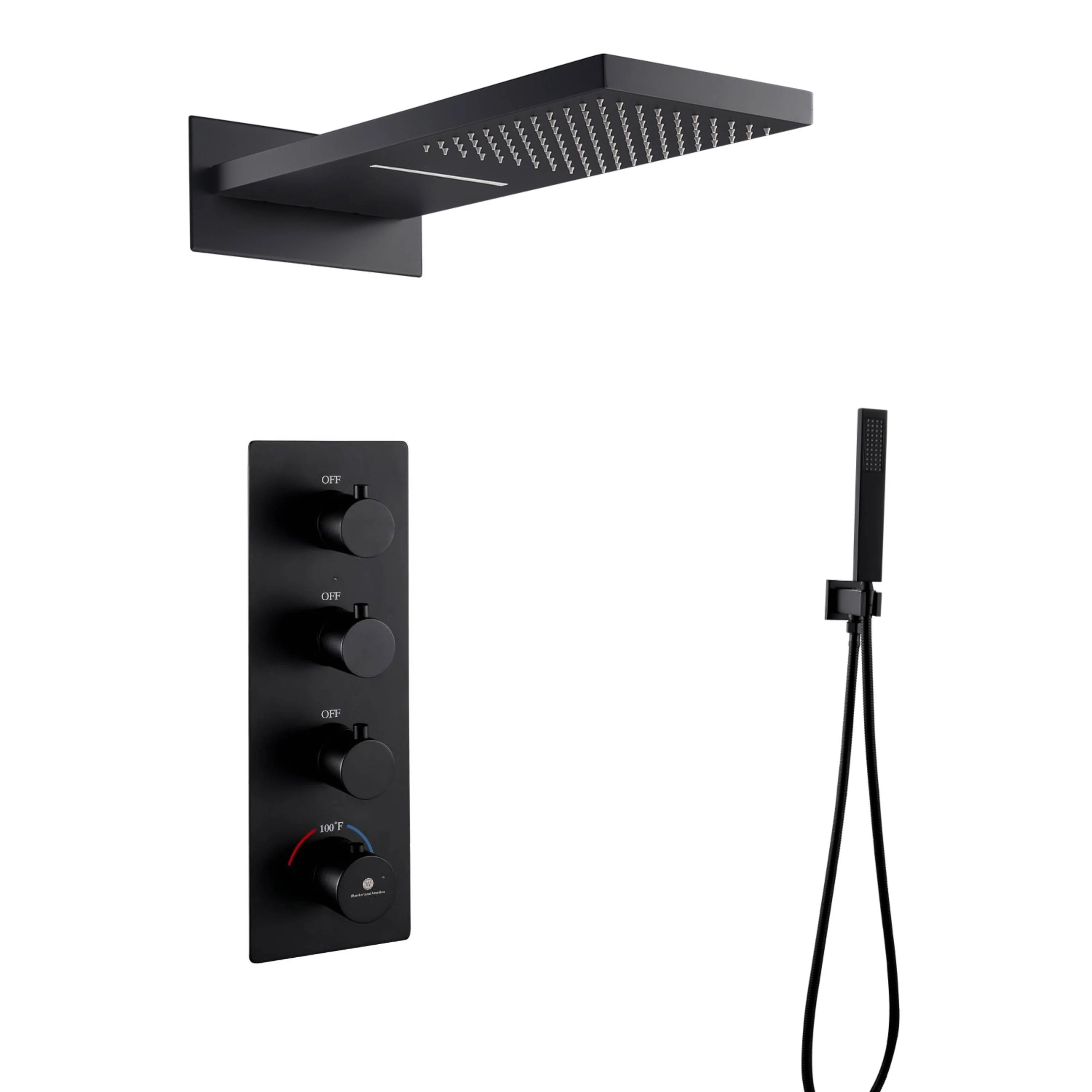 Matte black 22 inch rainfall waterfall shower head 3 way thermostatic shower system with handle sprayer - Image 3