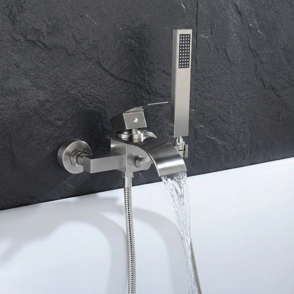 Brushed Nickel Waterfall Wall-Mount Bath Tub Filler Faucet: Complete with Handheld Shower for a Luxurious Bathing Experience - Image 3