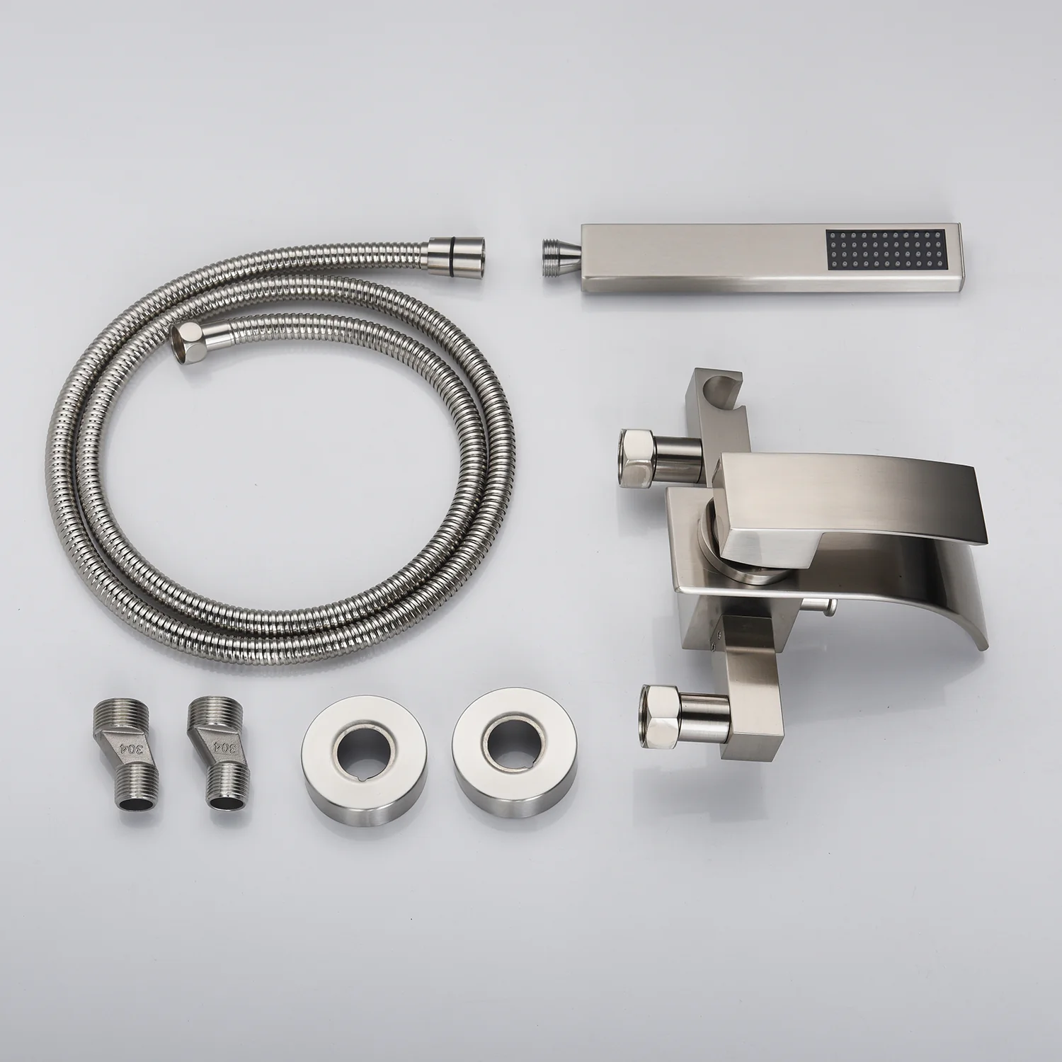 Brushed Nickel Waterfall Wall-Mount Bath Tub Filler Faucet: Complete with Handheld Shower for a Luxurious Bathing Experience - Image 4