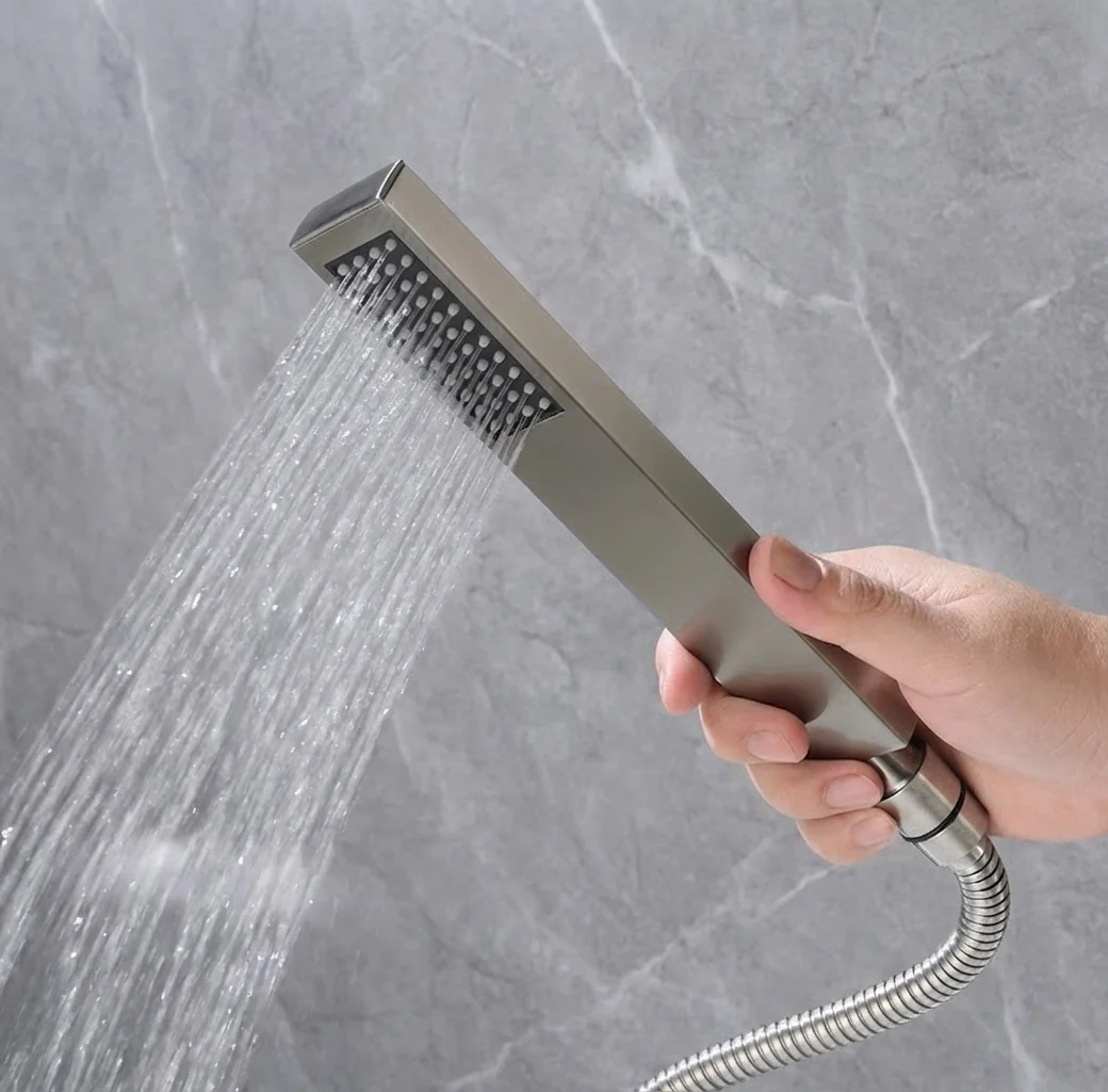 Brushed Nickel Waterfall Wall-Mount Bath Tub Filler Faucet: Complete with Handheld Shower for a Luxurious Bathing Experience - Image 5
