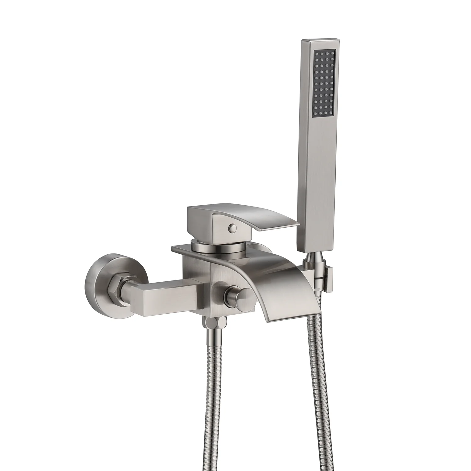 Brushed Nickel Waterfall Wall-Mount Bath Tub Filler Faucet: Complete with Handheld Shower for a Luxurious Bathing Experience - Image 6